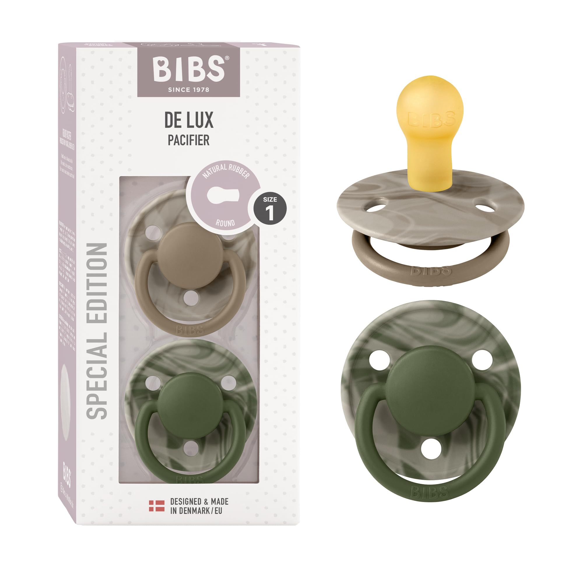 BIBS De Lux Camo Schnuller 2er-Pack, BPA-frei, Kirschform Nippel. Naturkautschuk/Latex, Hergestellt in Dänemark. 0-6 Monate (2er Pack), Camouflage Hunter Green/Sand