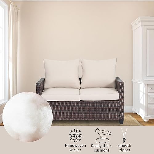 Miniatura 5 de EortheX Sofá biplaza para patio al aire libre, sofá biplaza de mimbre para todo tipo de clima con cojines, sofá de ratán para 2 personas para
