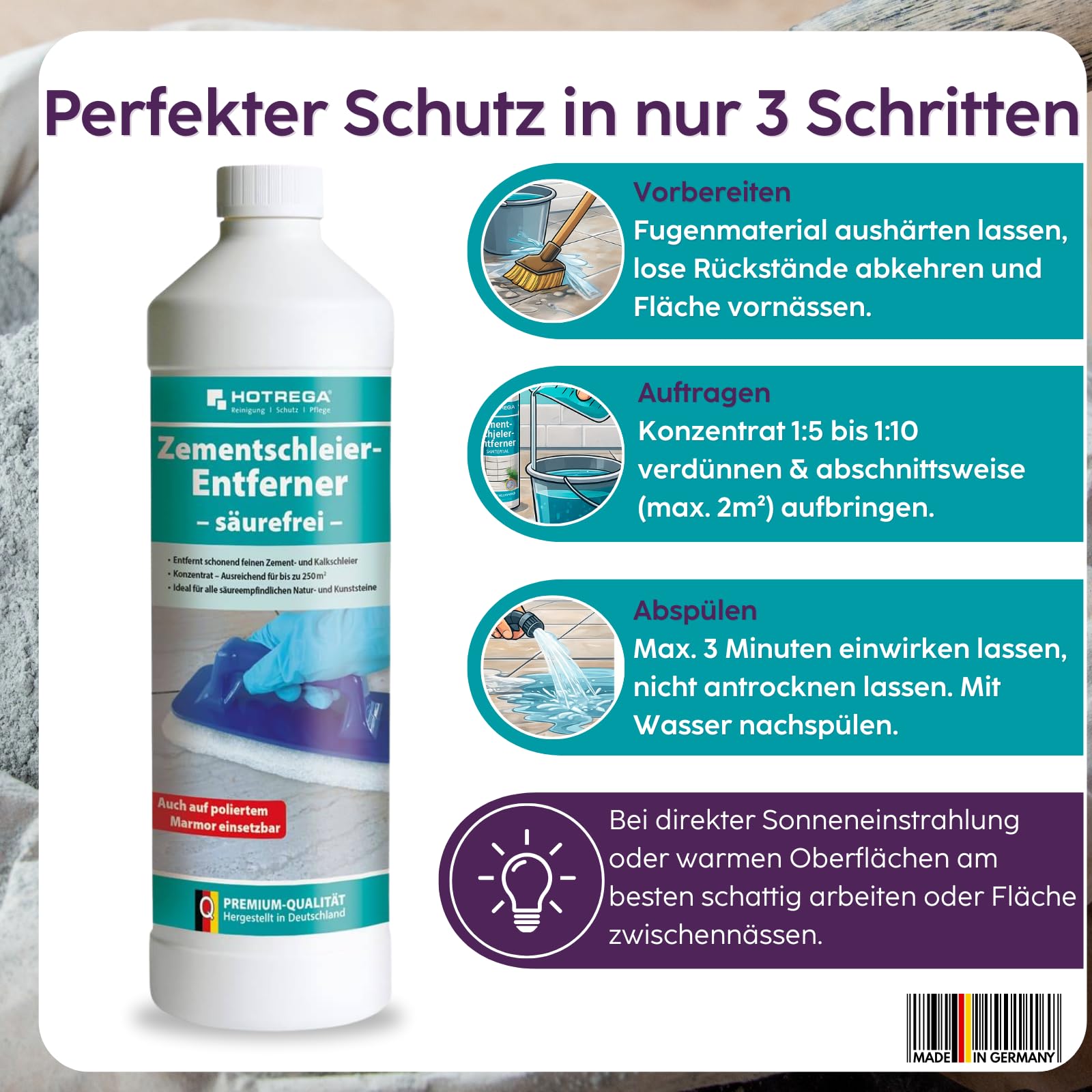 HOTREGA Zementschleier Entferner 3x 1 L | Konzentrat Steinreiniger Sauer