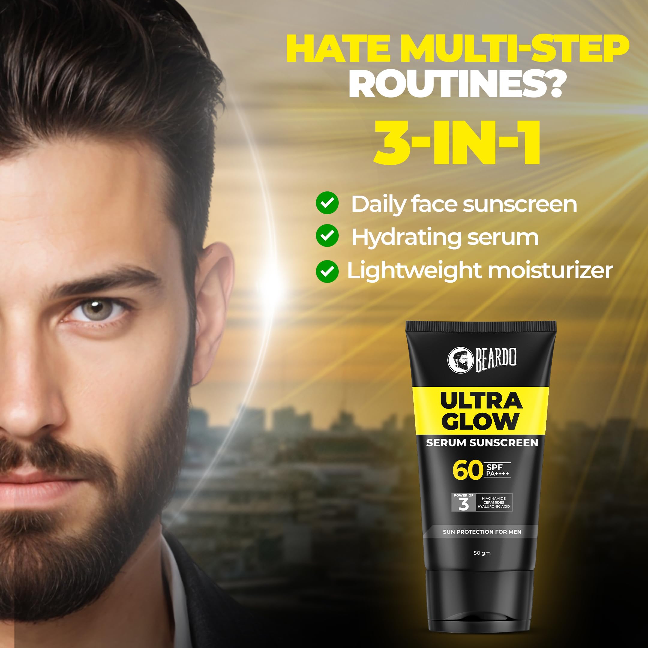 Beardo Ultra Glow-up Kit for Men | Facewash, Serum Sunscreen & Bathing Bar | Brightening Skincare Combo for Daily Use | Oil Control & Sun Protection | Set of 3 3