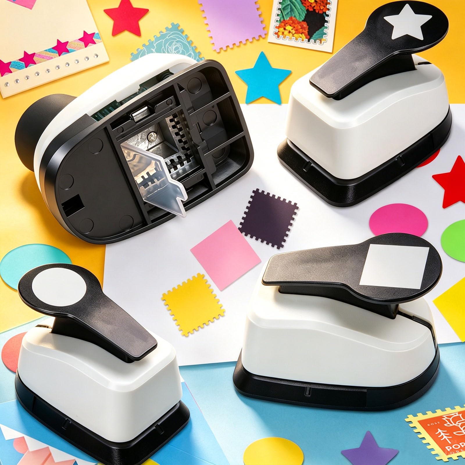 Set di perforatrici per carta, 2,5 cm, per lavori di carta, quadrati, perforatori a stella, cerchi, per artigianato, scrapbooking, creazione di biglietti, progetti fai da te (4 pezzi)