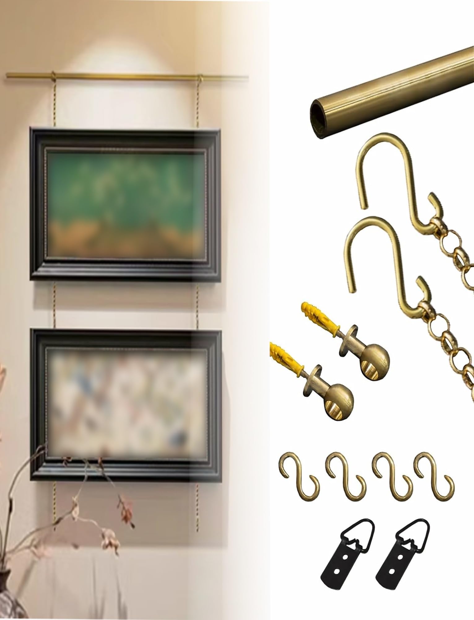 Bilderschienen-Aufhängesystem aus Messing mit goldenen Ketten und Haken – Vintage-Aufhängeset für Kunstwerke zur Heimdekoration, 60 cm lange Bilderschiene, perfekt für gerahmte Fotos und Kun