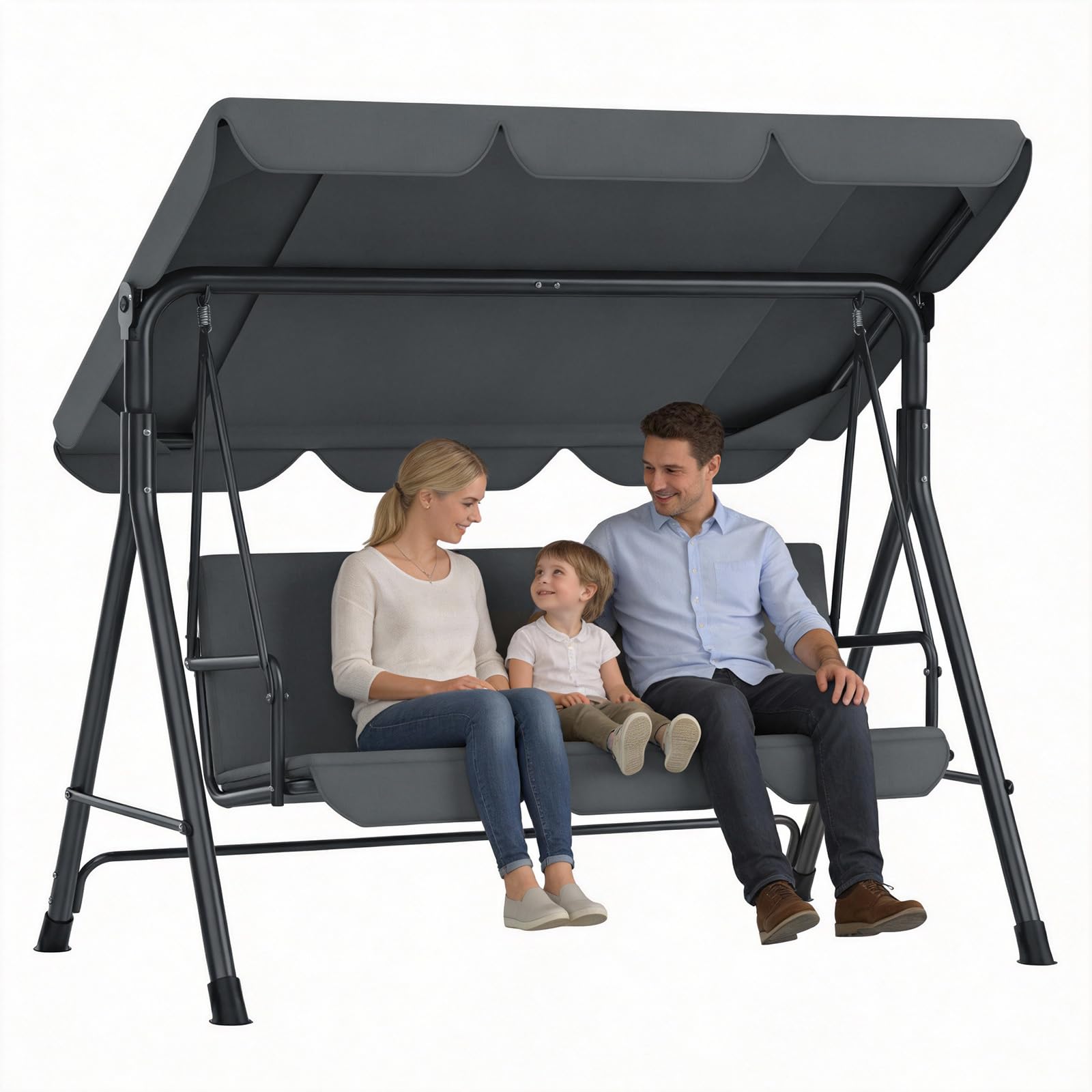 Huracan Hollywoodschaukel 3 Sitzer, Gartenschaukel mit Verstellbarem Sonnendach, Wetterfest Gartenliege, Stabile Metallkonstruktion, Schaukelstuhl mit Anti-Rutsch-Füßen, 193x110x152cm, Anthrazit