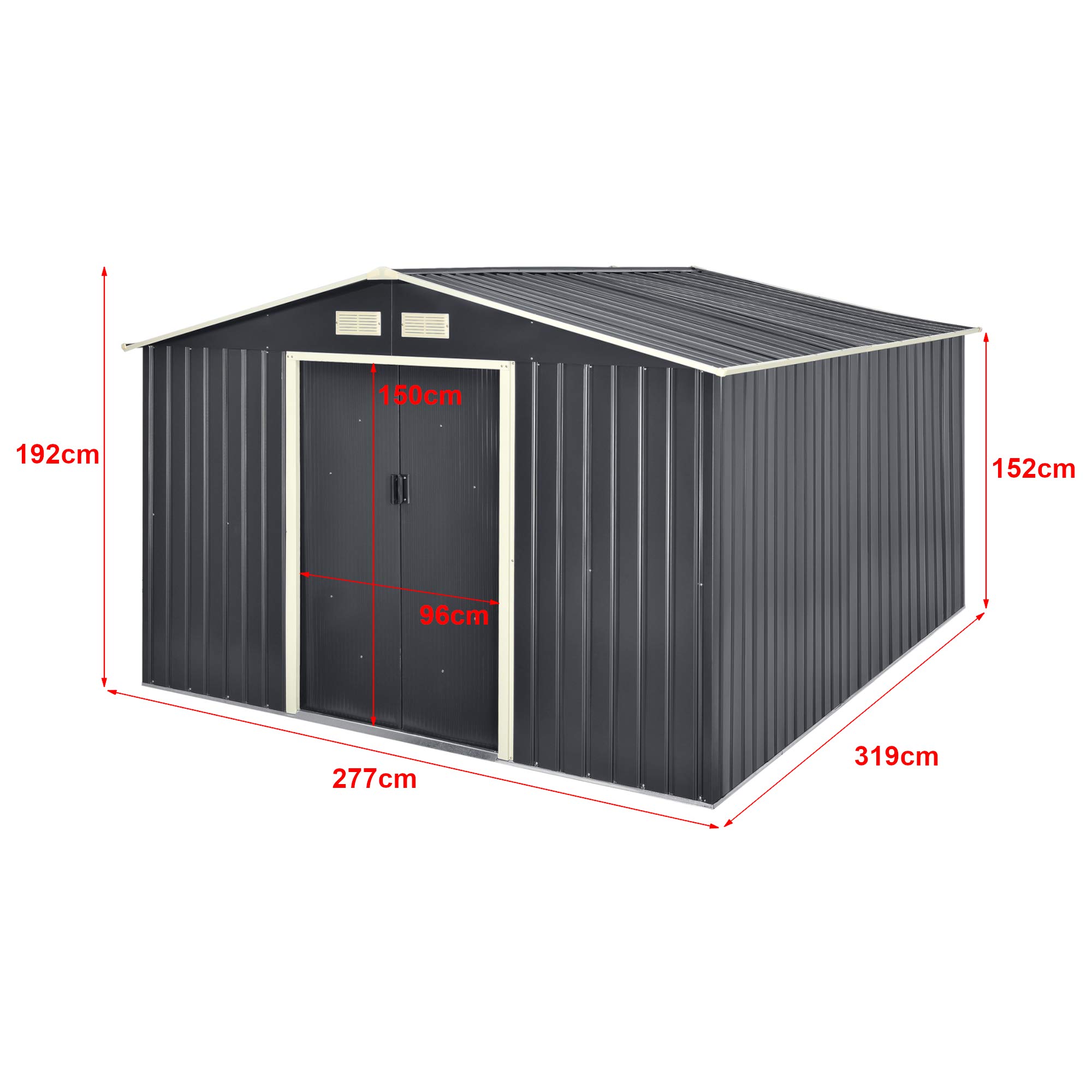[en.casa] Casetta da Giardino con Doppia Porta Scorrevole Box Capanno Porta Attrezzi Ripostiglio da Esterno in Lamiera con Telaio in Metallo Tetto Inclinato 277x319x192 cm - Grigio Scuro