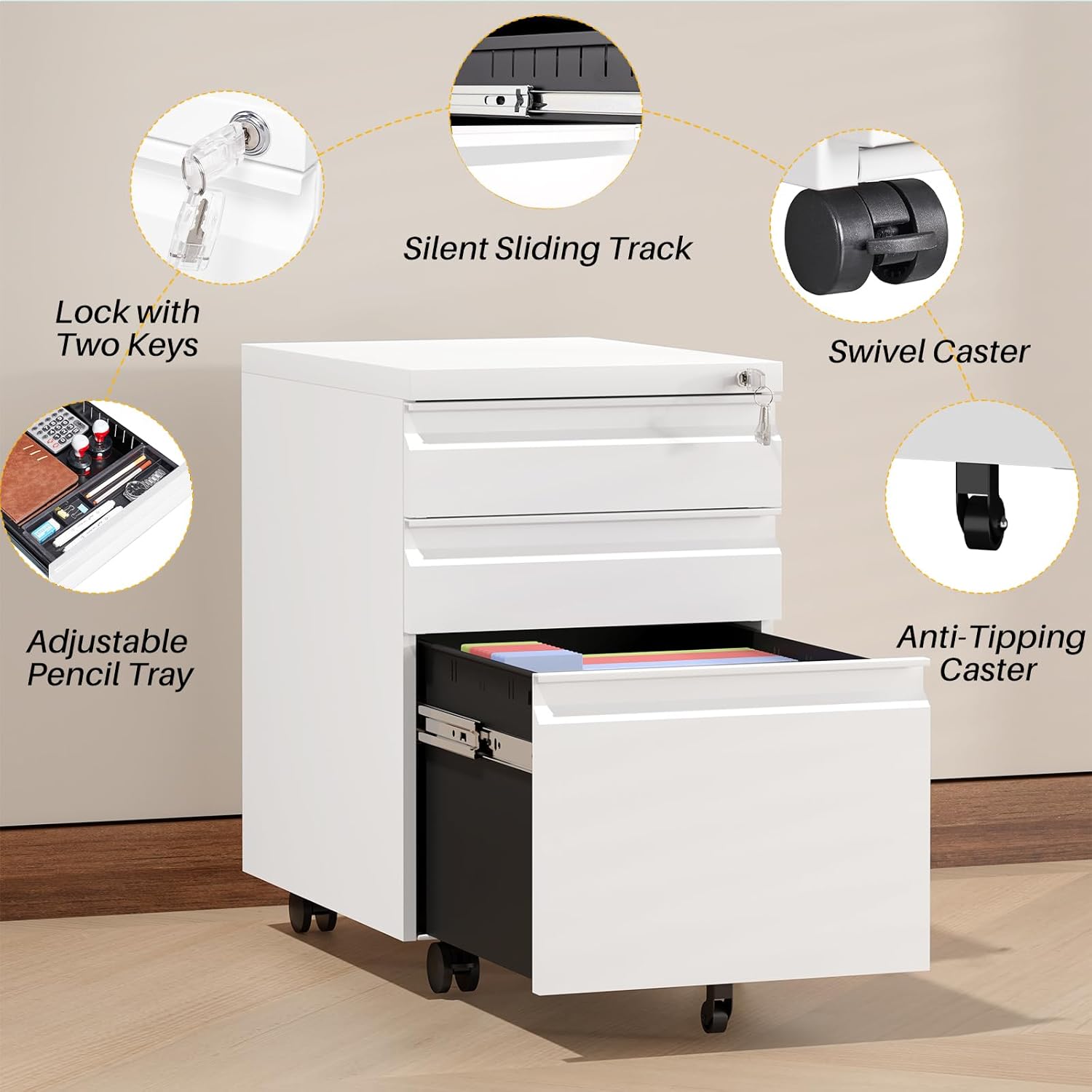 3 Drawer Filing Cabinet, Mobile Metal File Cabinet with Lock for Home Office, Under Desk Fully Assembled Organizer Storage for Letter/Legal/A4, Heavy Duty (White)