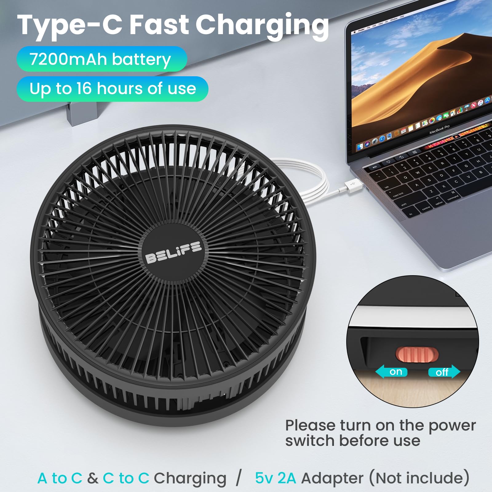 Belife X10 Ventilatore portatile, senza fili, a batteria, 7200 mAh, ventilatore oscillante ricaricabile, telecomando e pieghevole telescopico ventilatore da campeggio (nero)