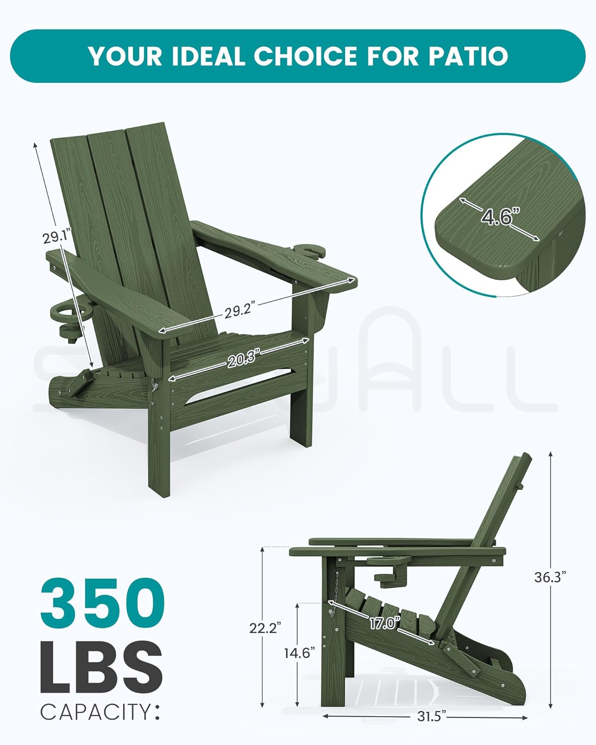 SERWALL Modern Adirondack Chair Set of 2, Folding Adirondack Chair with Cup Holders, Fire Pit Chairs, Lawn Chair for Patio Garden, Avocado Green