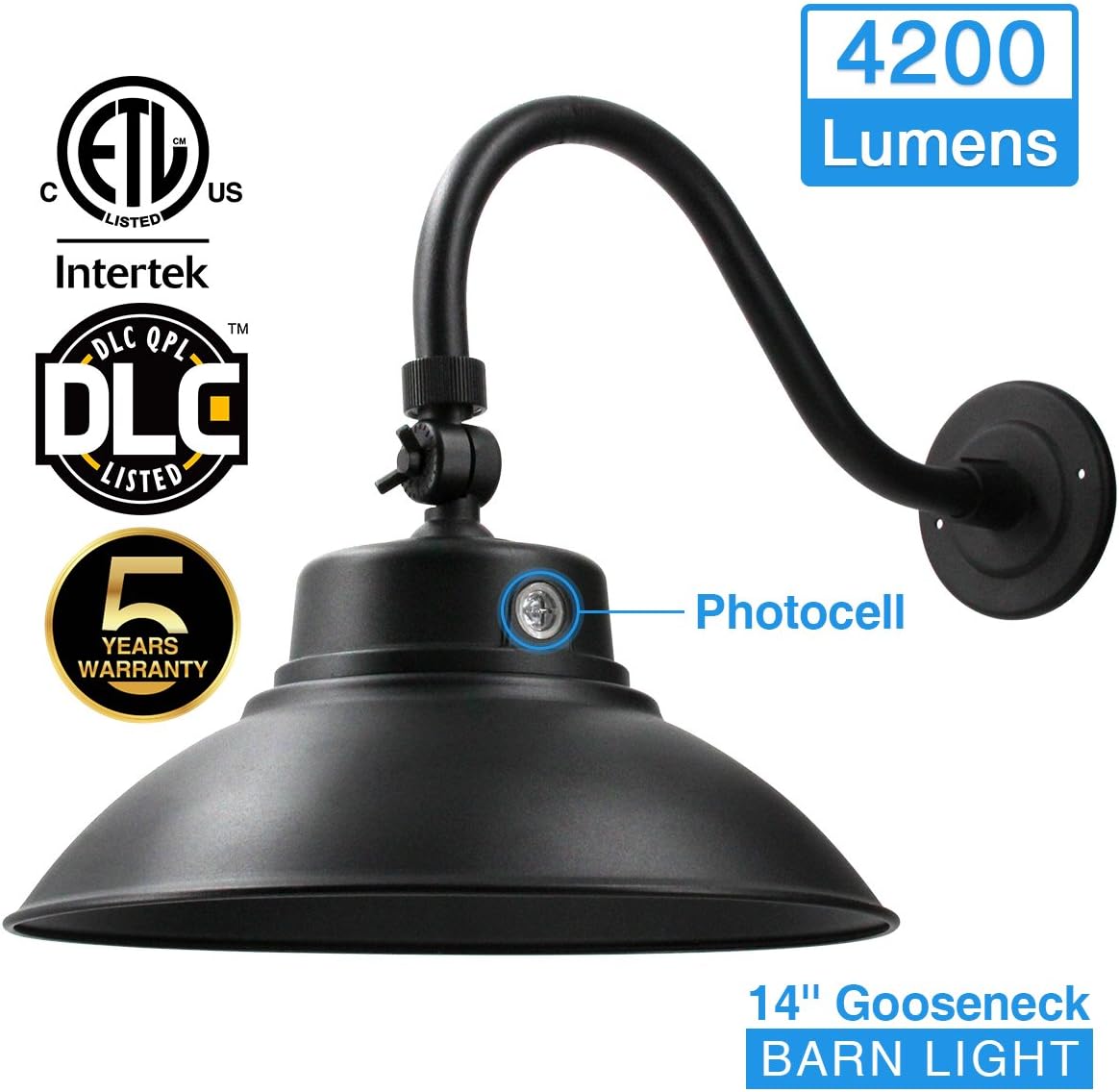 14.2in. Black LED Gooseneck Barn Light 42W 4000lm Daylight LED Fixture for Indoor/Outdoor Use - Photocell Included - Swivel Head,Energy Star Rated - ETL Listed - Sign Lighting - 5000K Daylight 1pk