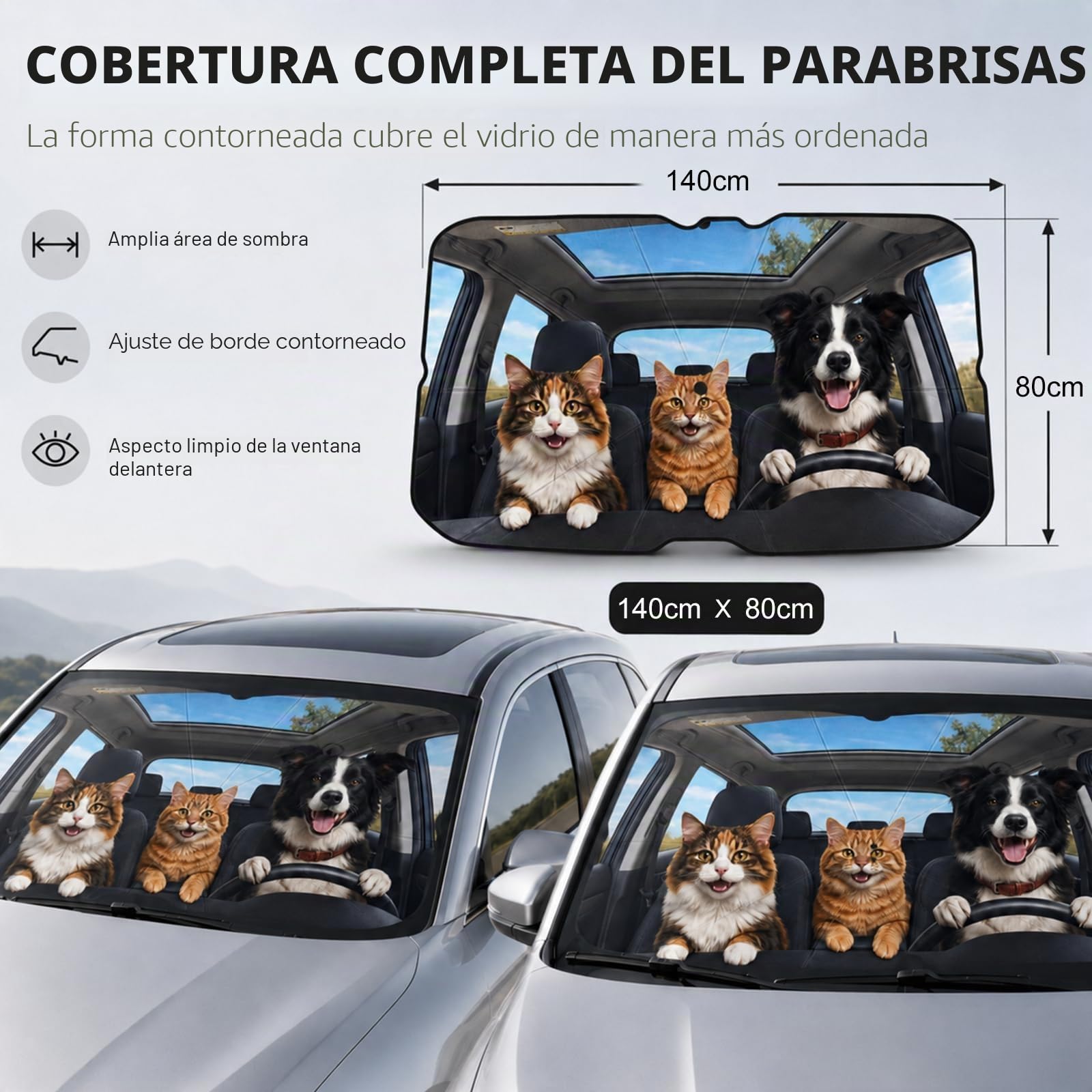 Parasol Coche Delantero, 145 x 80cm para Sol Coche Delantero, Parasol Paraguas Coche, Eje Giratorio de 360°, Protección UV, para la Mayoría de Coches, SUV, Camiones