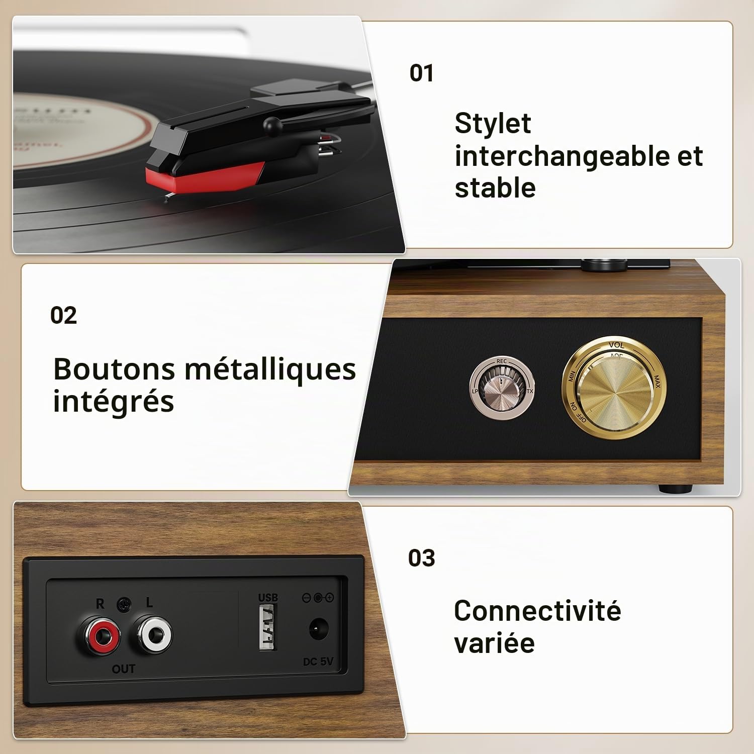 FYDEE Platine Vinyle avec Lecture et Enregistrement USB, Bluetooth Bidirectionnel, Vitesses 33/45/78 Tours, Haut-parleurs Stéréo Intégrés, Sortie RCA et Couvercle Anti-poussière Transparent - Teck