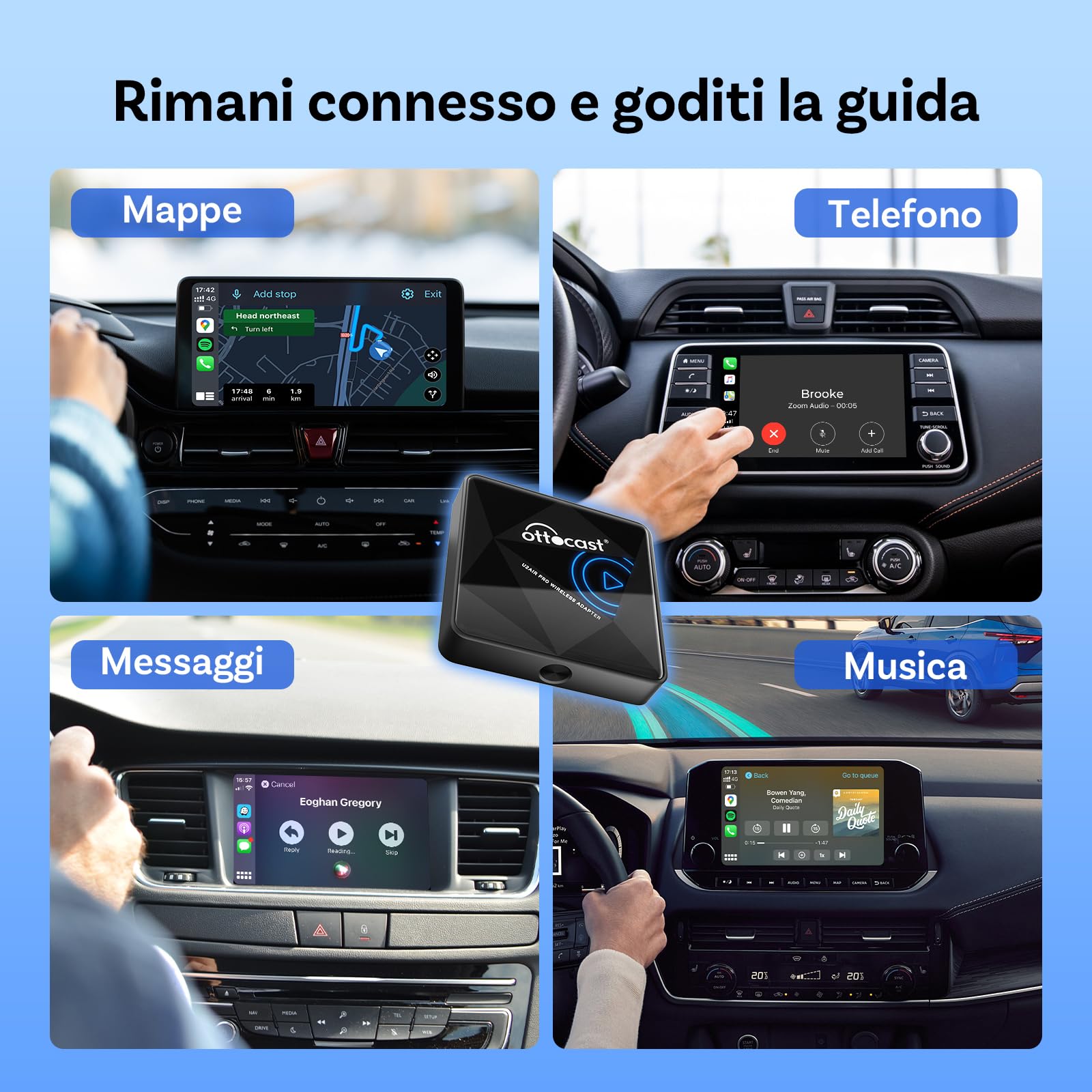OTTOCAST U2Air Pro Adattatore CarPlay Wireless, Adattatore Bluetooth Apple CarPlay per iPhone, Plug & Play per auto CarPlay cablato OEM, WiFi Dual-Band, Aggiornamento online