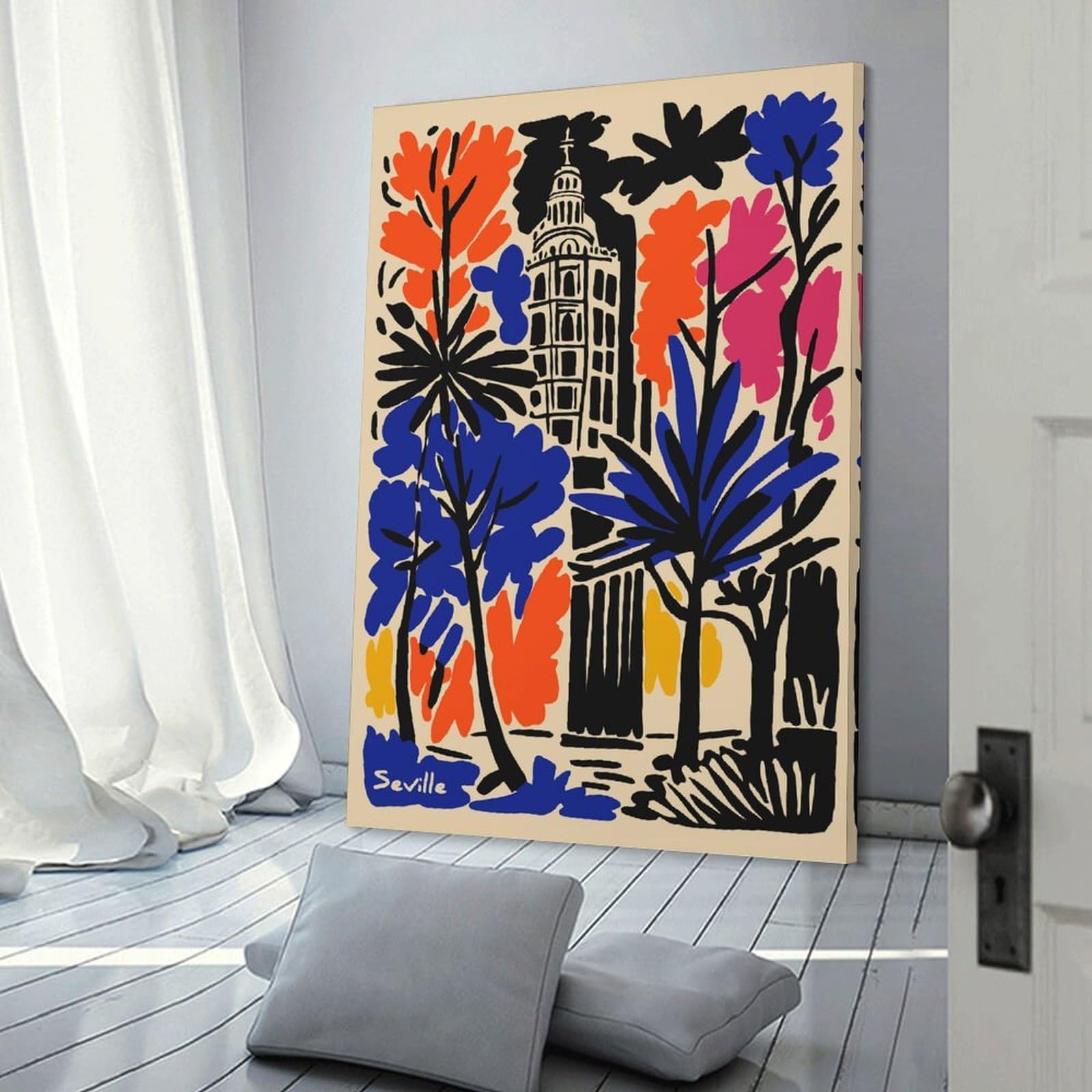 Room Decor Wall Art Seville Cityscape with Trees And Tower, 24x36inch(60x90cm), for Flats, Guest Rooms Or Compact Rooms, Wall Decor with Flexible Room Appeal