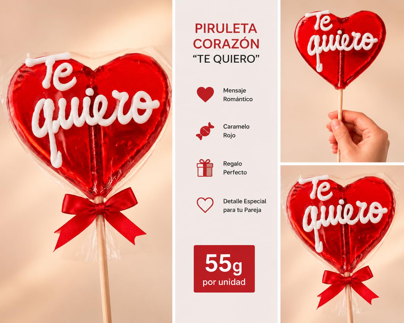 iChuches - Piruleta Corazón "Te Quiero" 55gr - Caramelo Rojo con Mensaje Romántico - Dulce Regalo para San Valentín, Aniversario o Detalle Especial Pareja - 12 Unidades, 660 Gramos