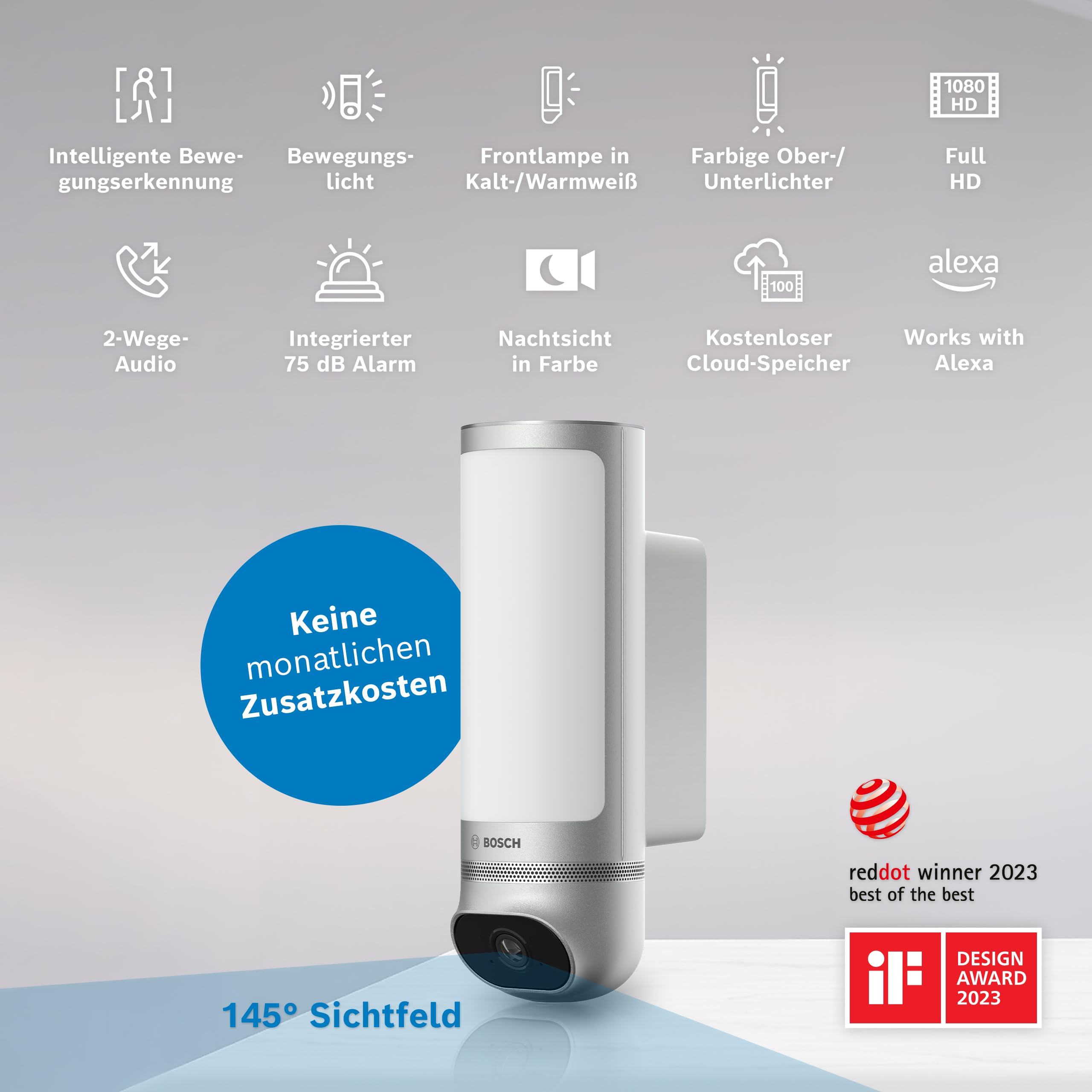 Bosch Smart Home Außenkamera II, Überwachungskamera Außen, 1080p Full-HD Auflösung mit integrierter Alarmsirene und Design-Leuchte, kompatibel mit Amazon Alexa, Silber
