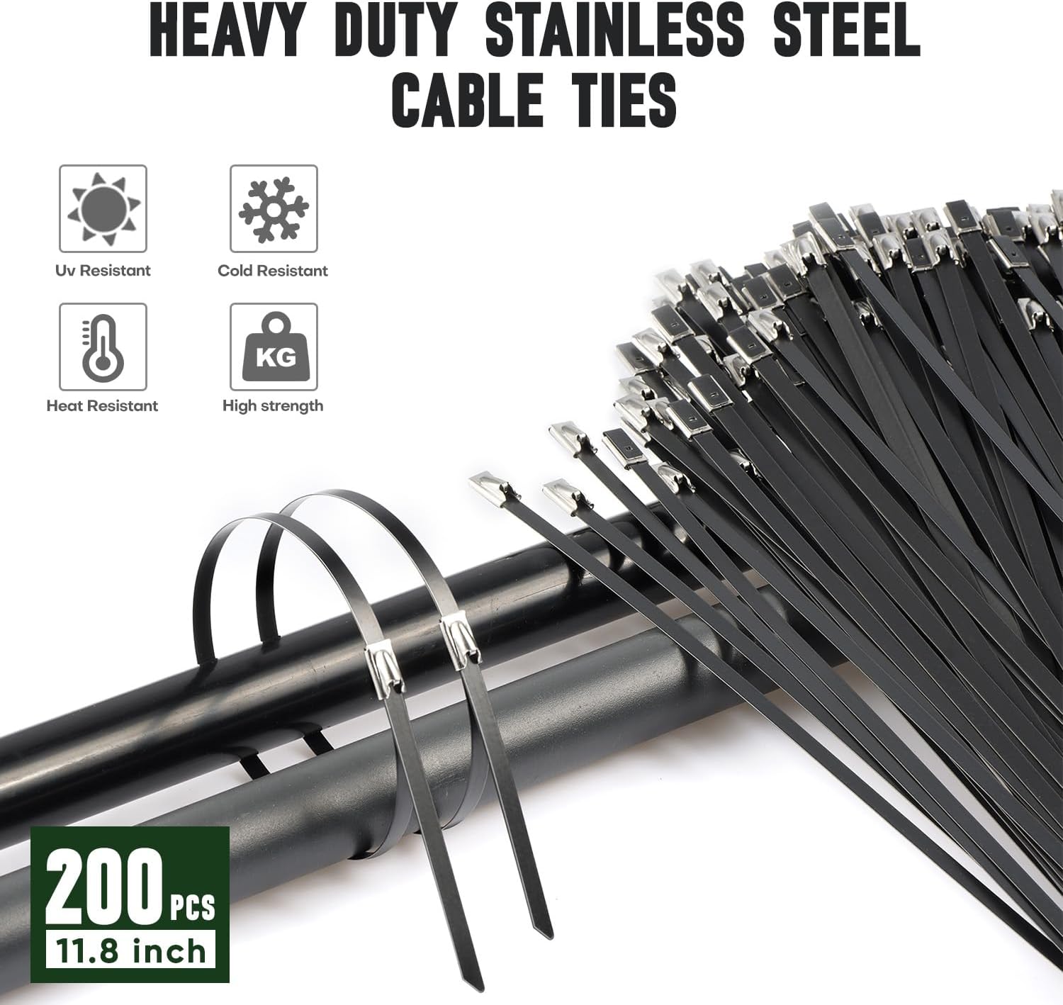 Professional Stainless Steel Cable Tie Gun & 200 Ties for Fence Repair & Vehicle Exhaust - Heavy Duty 304 Metal Zip Ties (11.8 Inch) UV-Resistant with Flush-Cut Technology