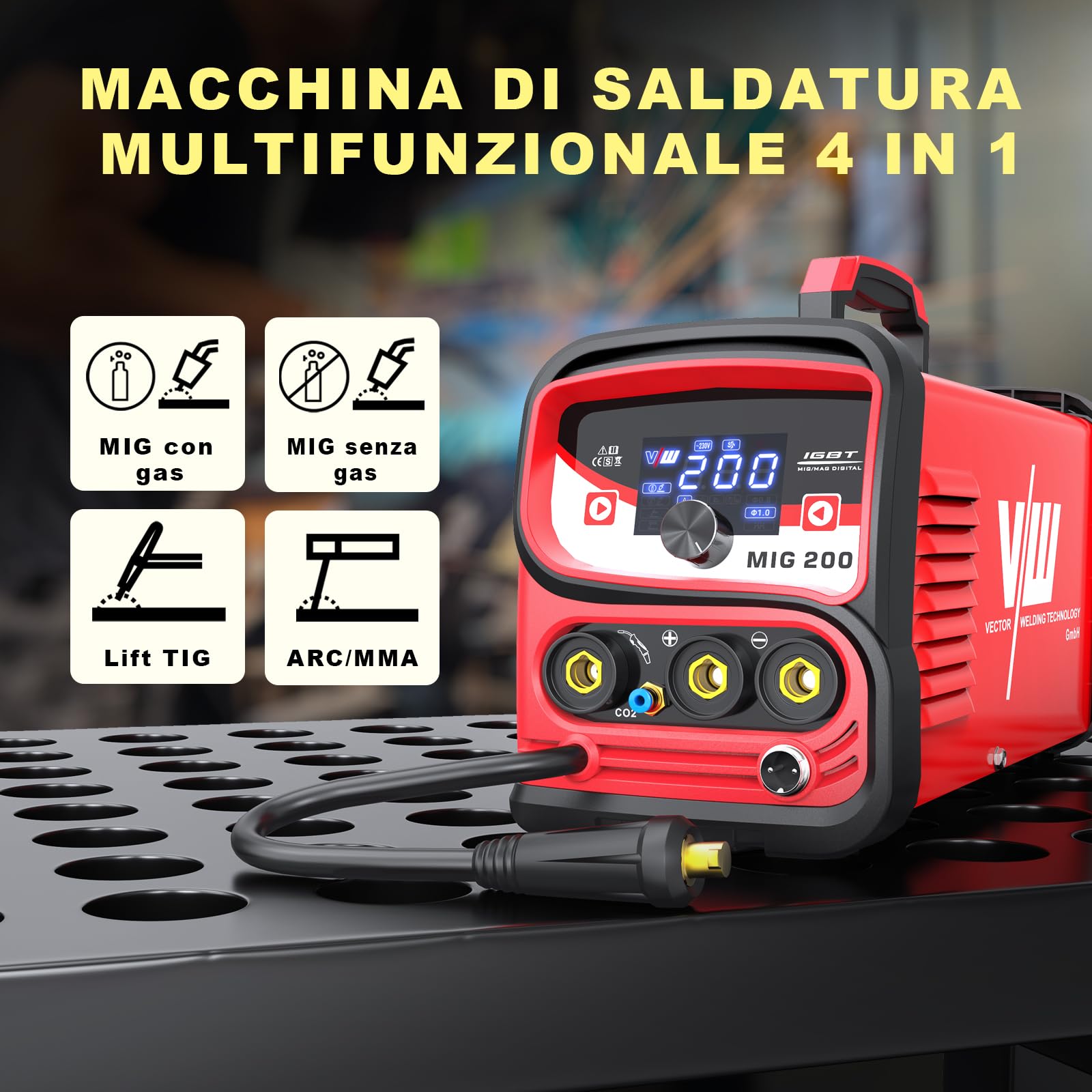 Saldatrice a Filo Continuo 4-in-1 MIG/MAG/MMA/LIFT TIG, saldatrice filo continuo no gas e con Gas con Display Digitale, Macchina Saldatrice Portatile Professionale - VECTOR WELDING
