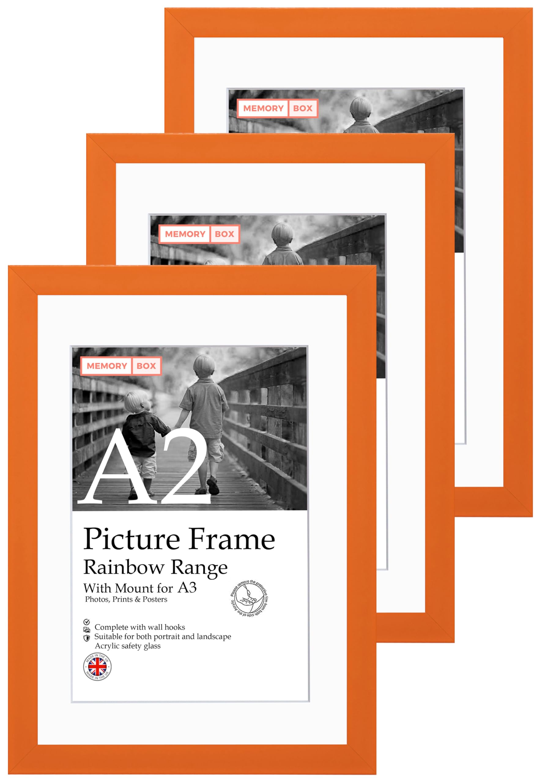 A2 Orange Picture Frame Set of 3, Perfect for Displaying A3 Pictures with Mount or A2 Pictures Without Mount, Gallery Wall, Posters, Photos, Artwork, or Prints, Orange