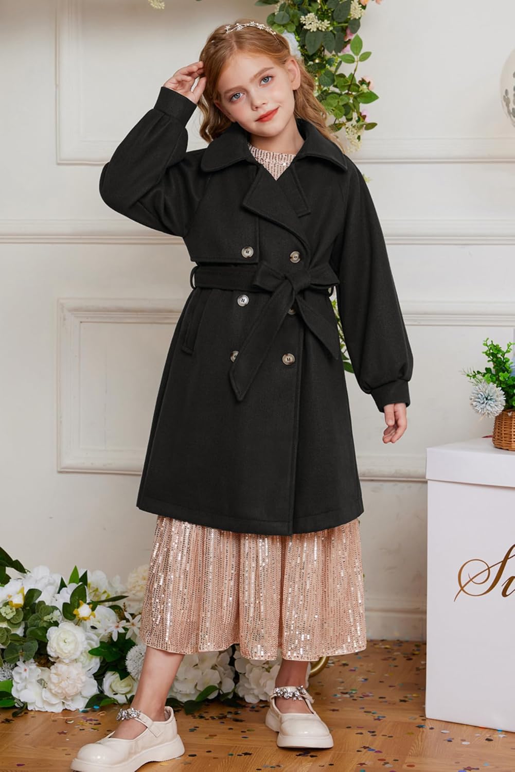 GRACE KARIN Girls Dress Coat Lapel Wool Blend Long Winter Jackets with Pockets Belt 6-14Y - Image 6