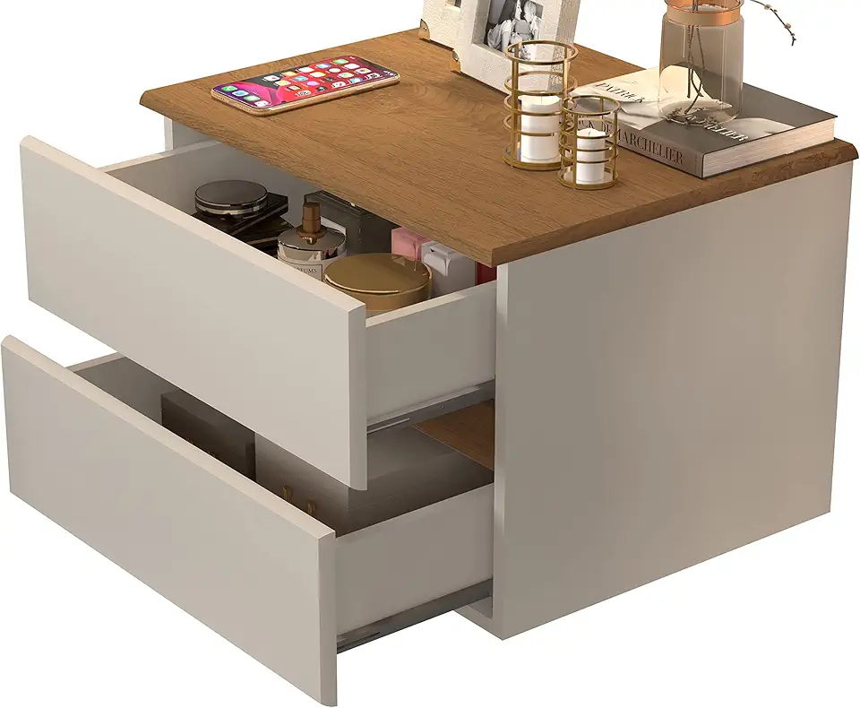 Mesa De Cabeceira Suspensa Flutuante Tóquio 2 Gavetas Para Quarto (Off White/Freijó)