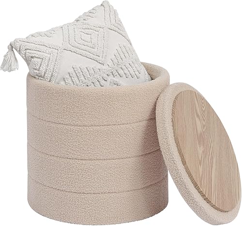 Miniatura 15 de Otomana redonda de almacenamiento Boucle de 14.6 pulgadas con tapa de bandeja, asiento de taburete plegable para reposapiés, mesa auxiliar, para