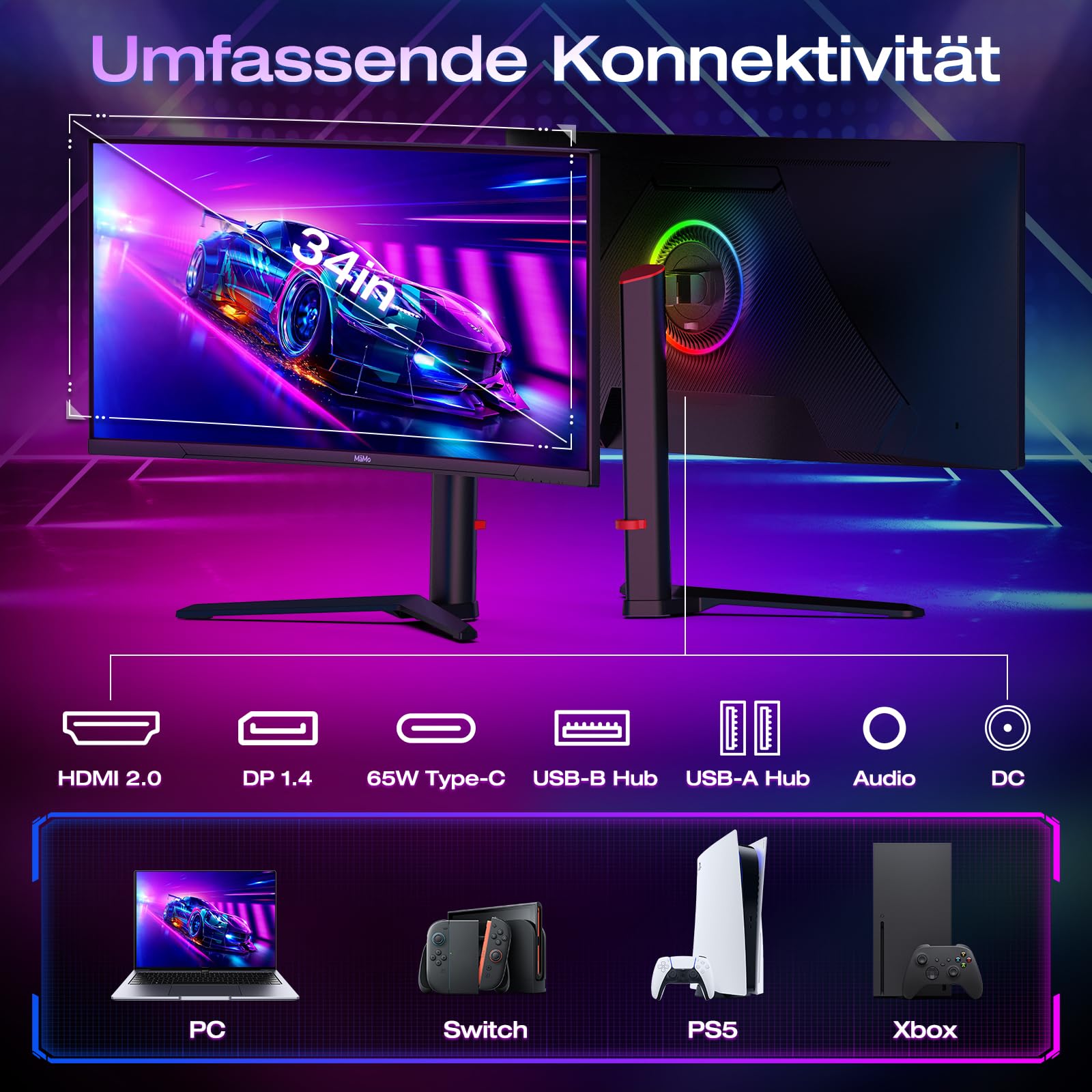 Gaming Monitor, 65W USB-C: 34 Zoll Curved 180Hz 4K | 4K (3440 x 1440 UWQHD) Ultrawide 21:9 Monitor Gaming 1500R VA. 180Hz, 1ms, 99% sRGB. HDMI 2.1, DP 1.4, RGB, höhenverstellbar