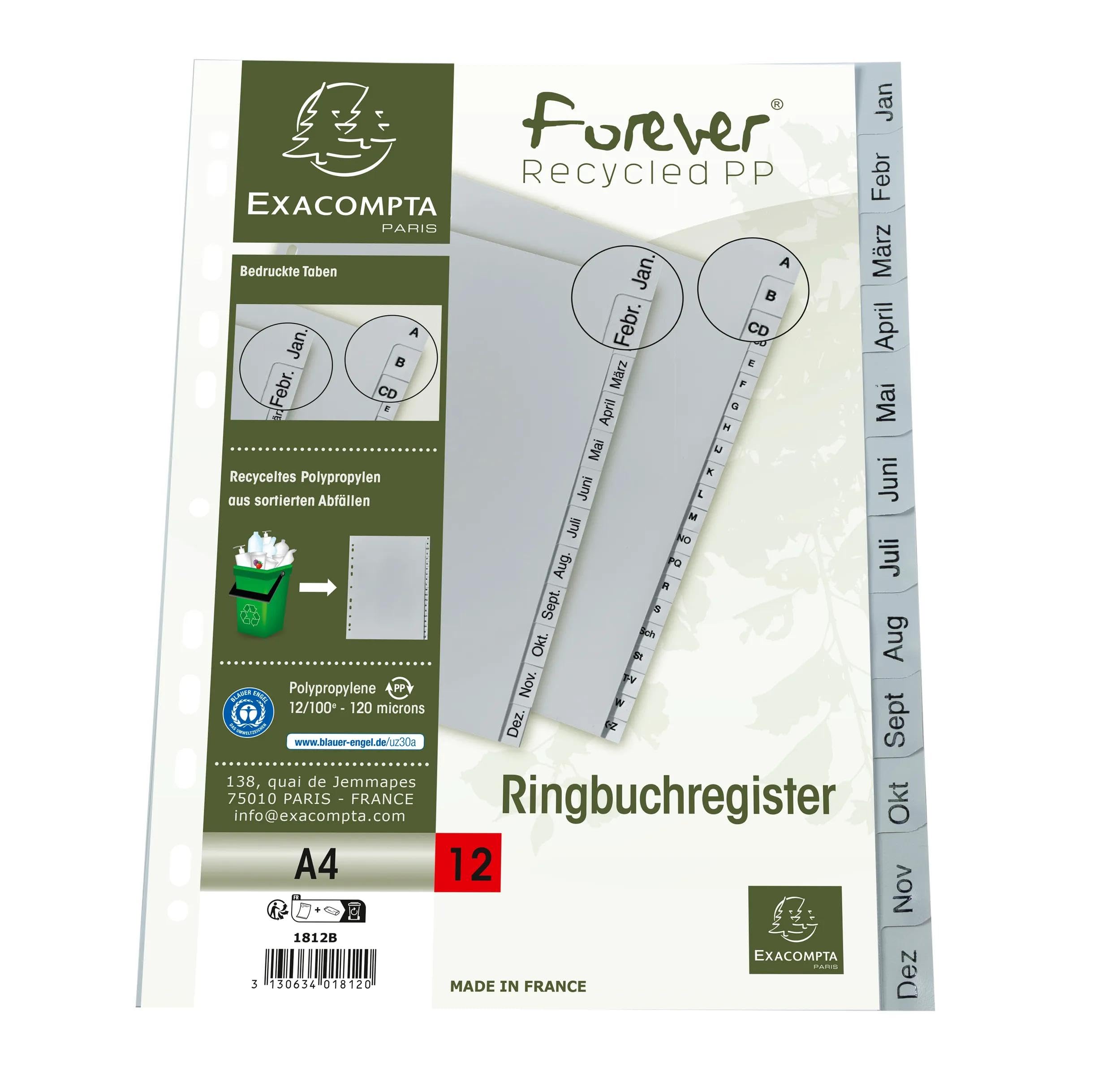 Exacompta - Ref. 1812B – Caja de 25 separadores impresos mensuales PP reciclado gris – Januar-Dezember(alemán) – 12 posiciones – A4 – Gris