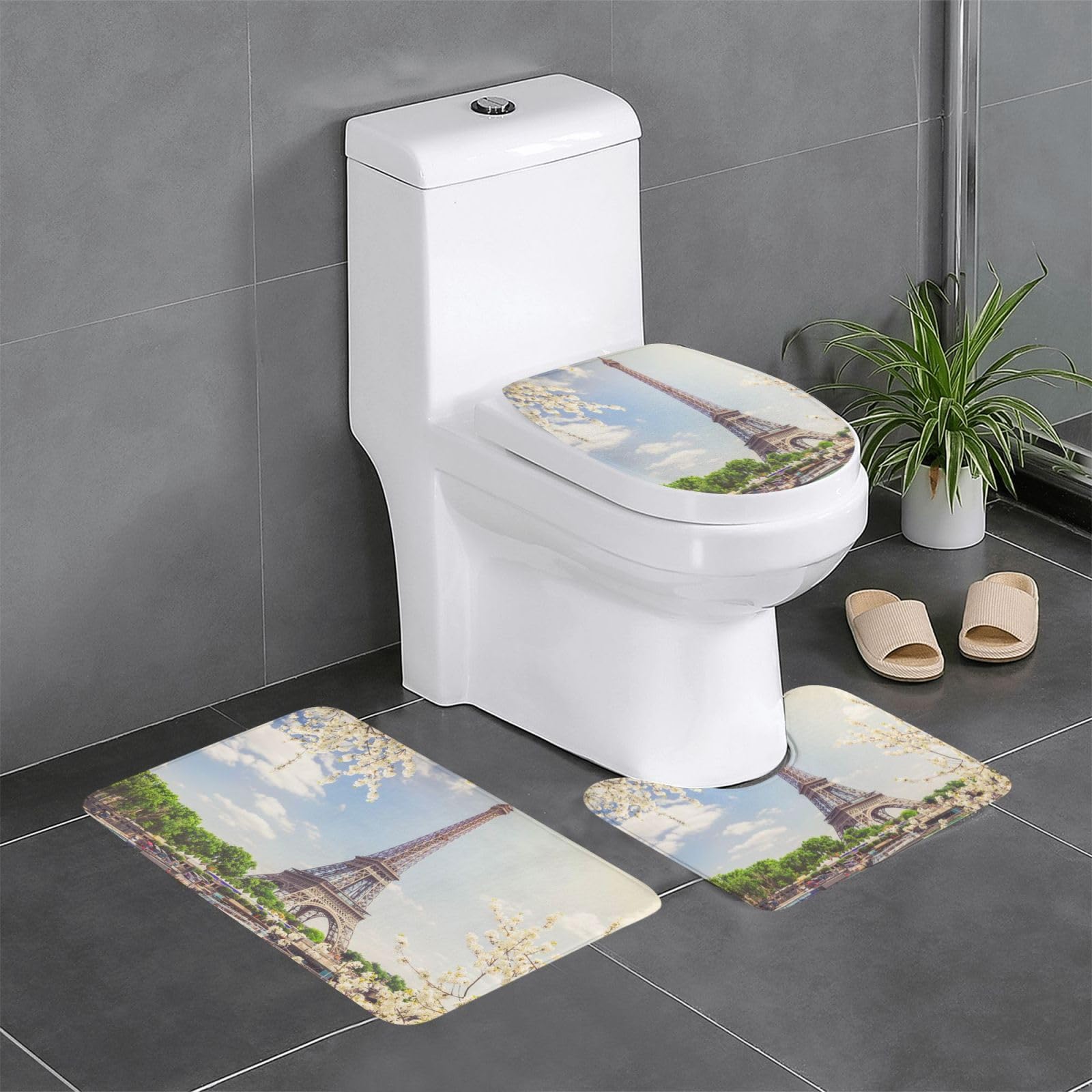 Gearsly Eiffel Tower,White Cherry Blossom Bathroom Mats Sets 3 Piece,Super Soft Bath Mat And U Shaped Toilet Mat Set Non Slip Bathroom Rugs Water Absorbent Floor Mat Washable Home Decor