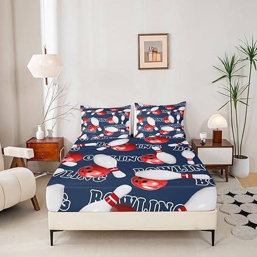 Miniatura 3 de Erosebridal Sábana bajera ajustable para fiesta de bolos, tamaño matrimonial, para niños y niñas, ropa de cama deportiva con estampado de bolos,