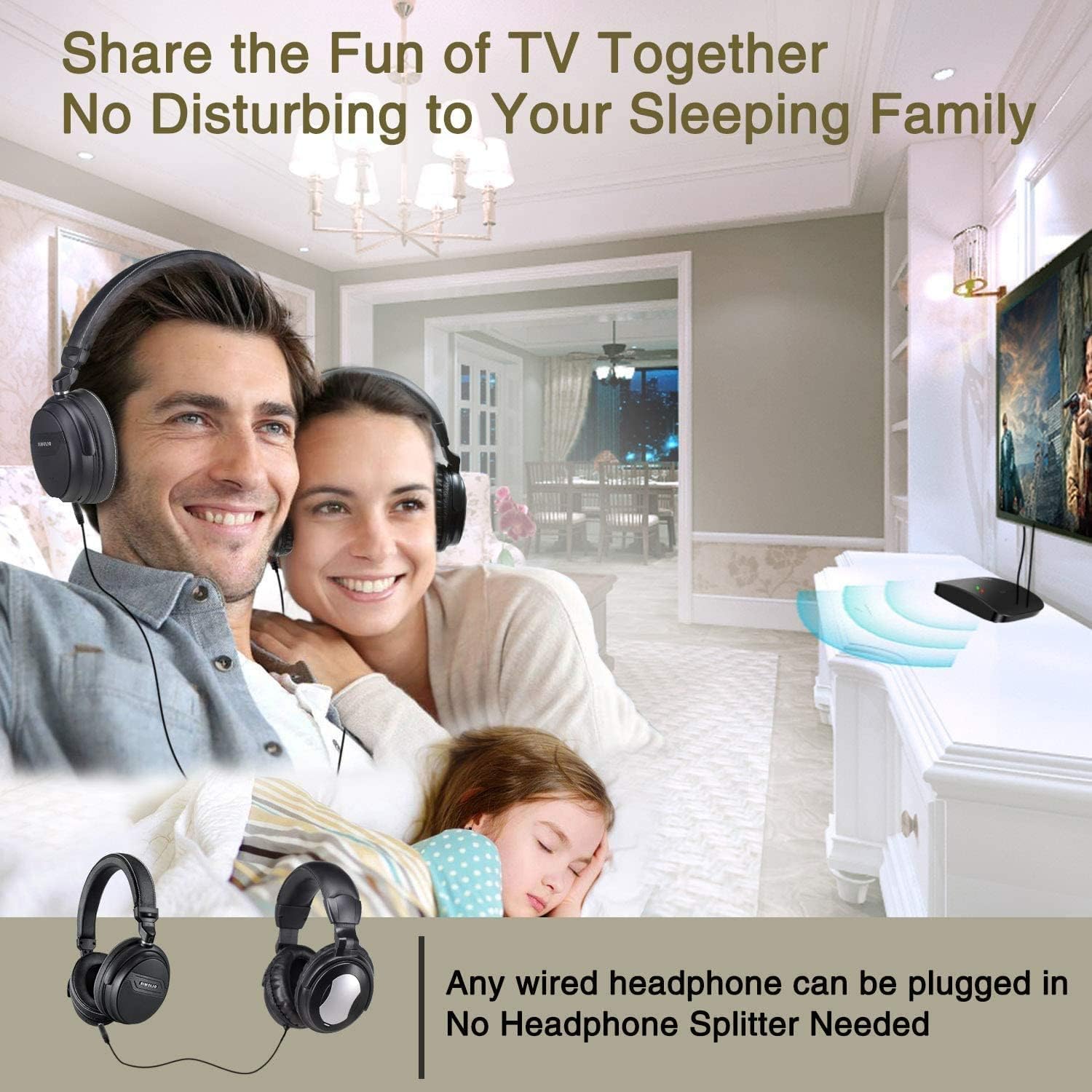 Couple watching TV with SIMOLIO headphones, child sleeping, demonstrating audio sharing