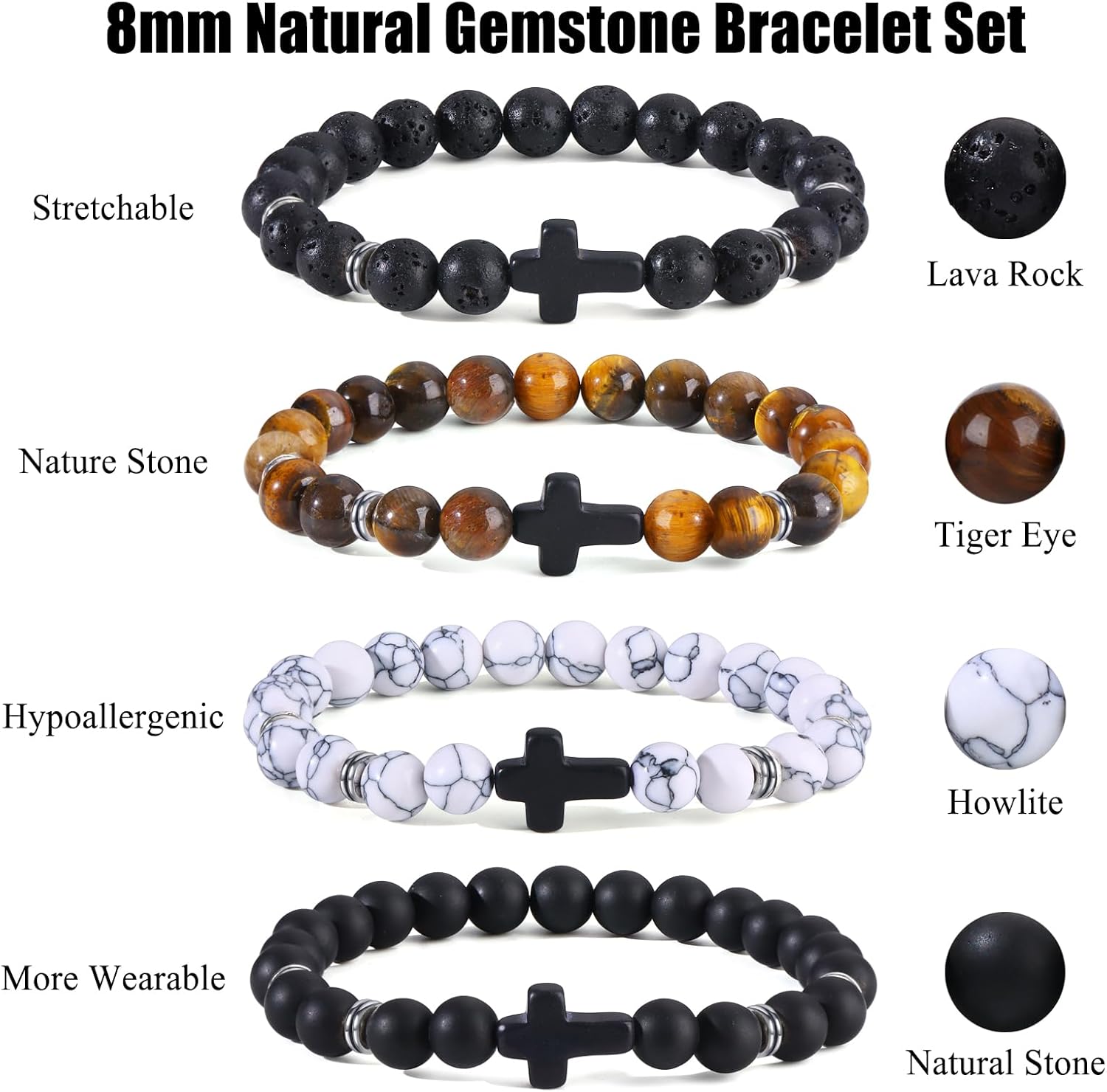 Giovanchi 4-12PCS Bracelets for Men, 8MM Mens Bracelets Lava Rock Black Obsidian Howlite Tiger Eye Beaded Natural Stone Bracelet Jewelry Gifts for Birthday Christmas - Image 4