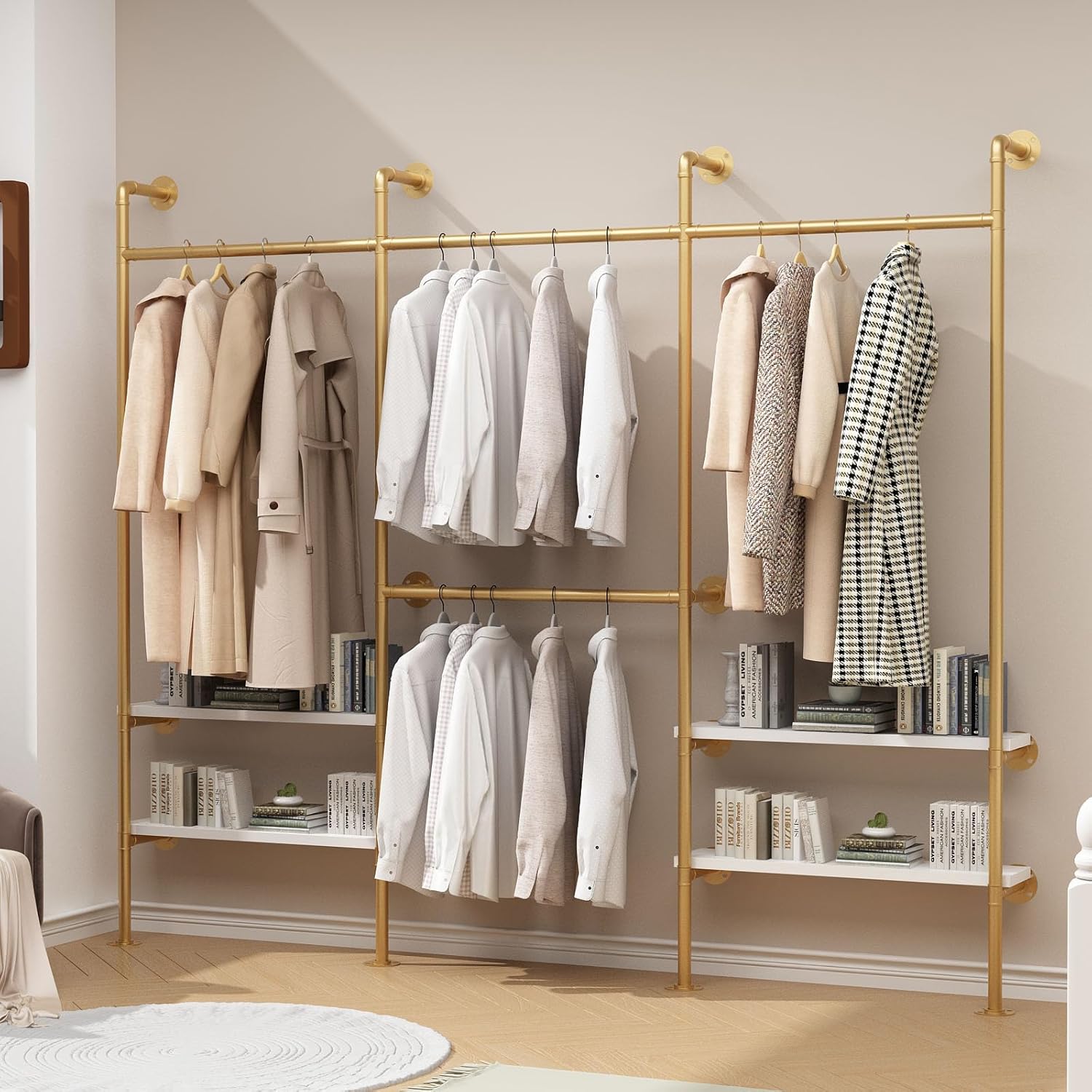 HOMEKAYT Industrial Pipe Clothes Rack with Shelves, Gold Clothing Rack Wall Mounted Heavy Duty Multi-Purpose Storage Clothes Hanging Shelf - 94.5''L Gold