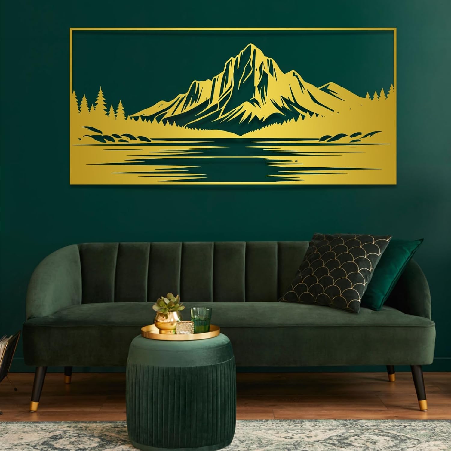 Feuwile Metal Mountain wall art,Forest Metal Wall Art,Tree Wall Decor,Mountain Wall Decor for Bedroom,Living Room,Office,Housewarming Gifts (Gold, 53"x26")