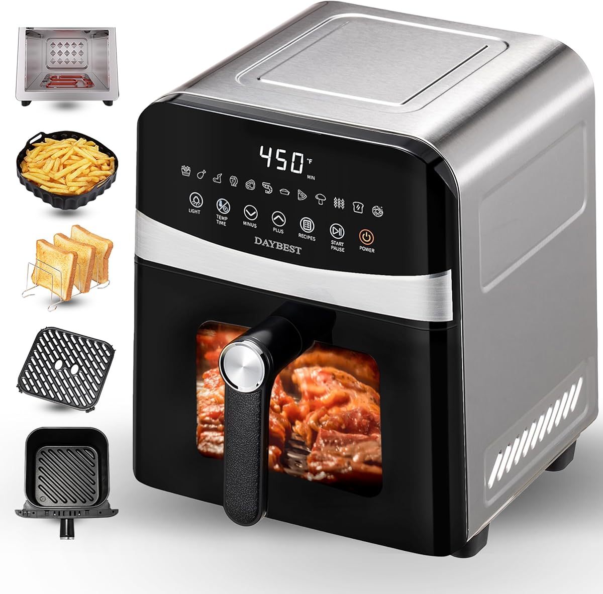 Next-Gen Non Toxic Air Fryer Stainless Steel 12-in-1 Classic Basket Premium Ceramic Coating, Metal Inner 450°F Dual Heats Even Cook, 6 QT Midsize 120V, DAYBEST Easy Clean Parts (Stainless Steel)