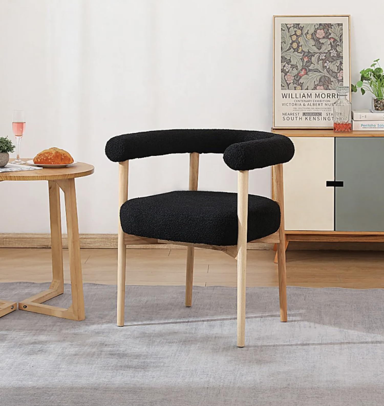 MOCHA HOME Boucle Dining Chair with Black Teddy Fabric & Natural Wooden Frame - Also Suitable as Accent or Dressing Table Chair - Curved Tubular Cushion for the Arms & Back for Comfort & Support