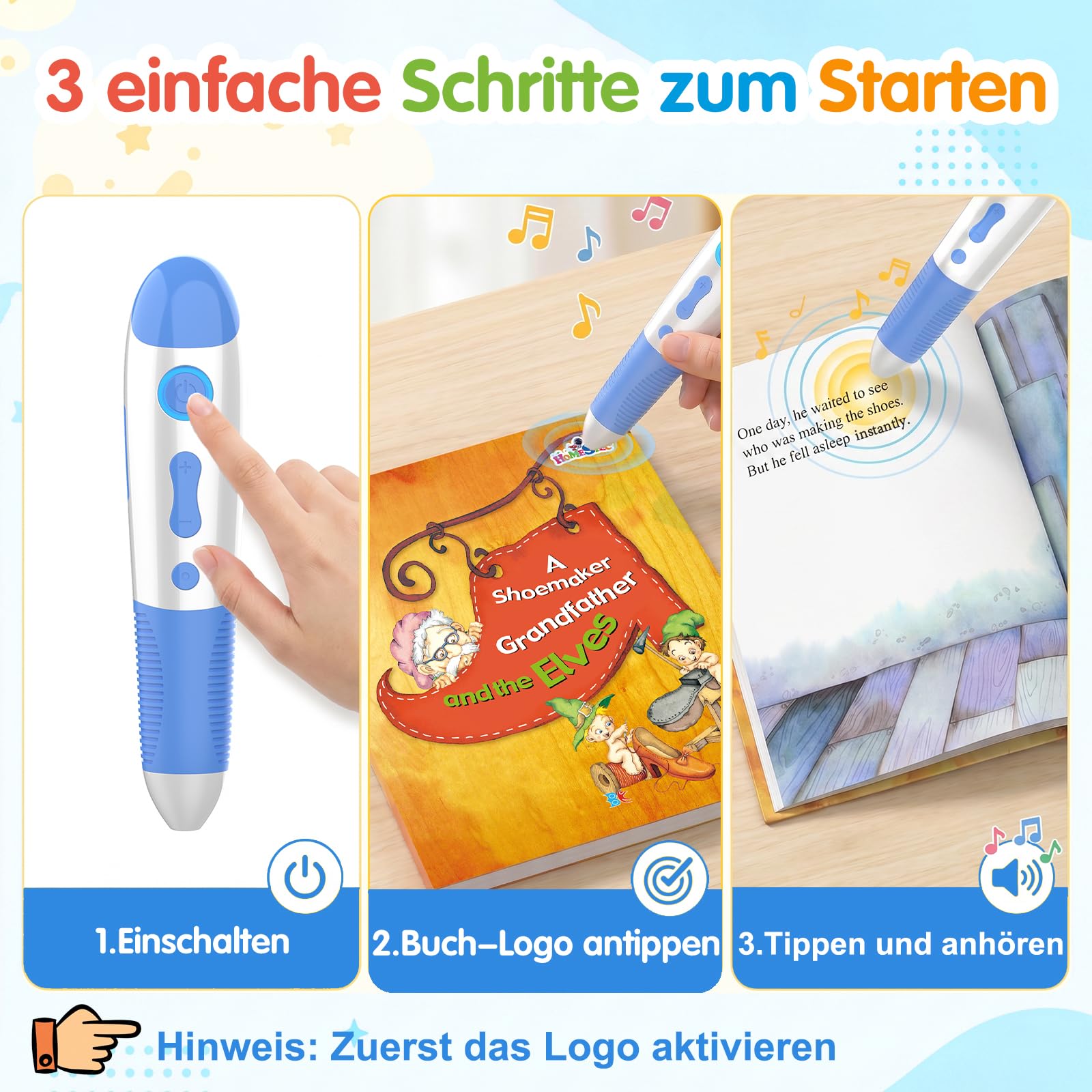 Interaktiver Lernstift mit 10 englischen Geschichtenbüchern, Vorlesestift für Kinder ab 2–5 Jahren, Sprachlernspielzeug, Audio Lernsystem, wiederaufladbar (USB-C)