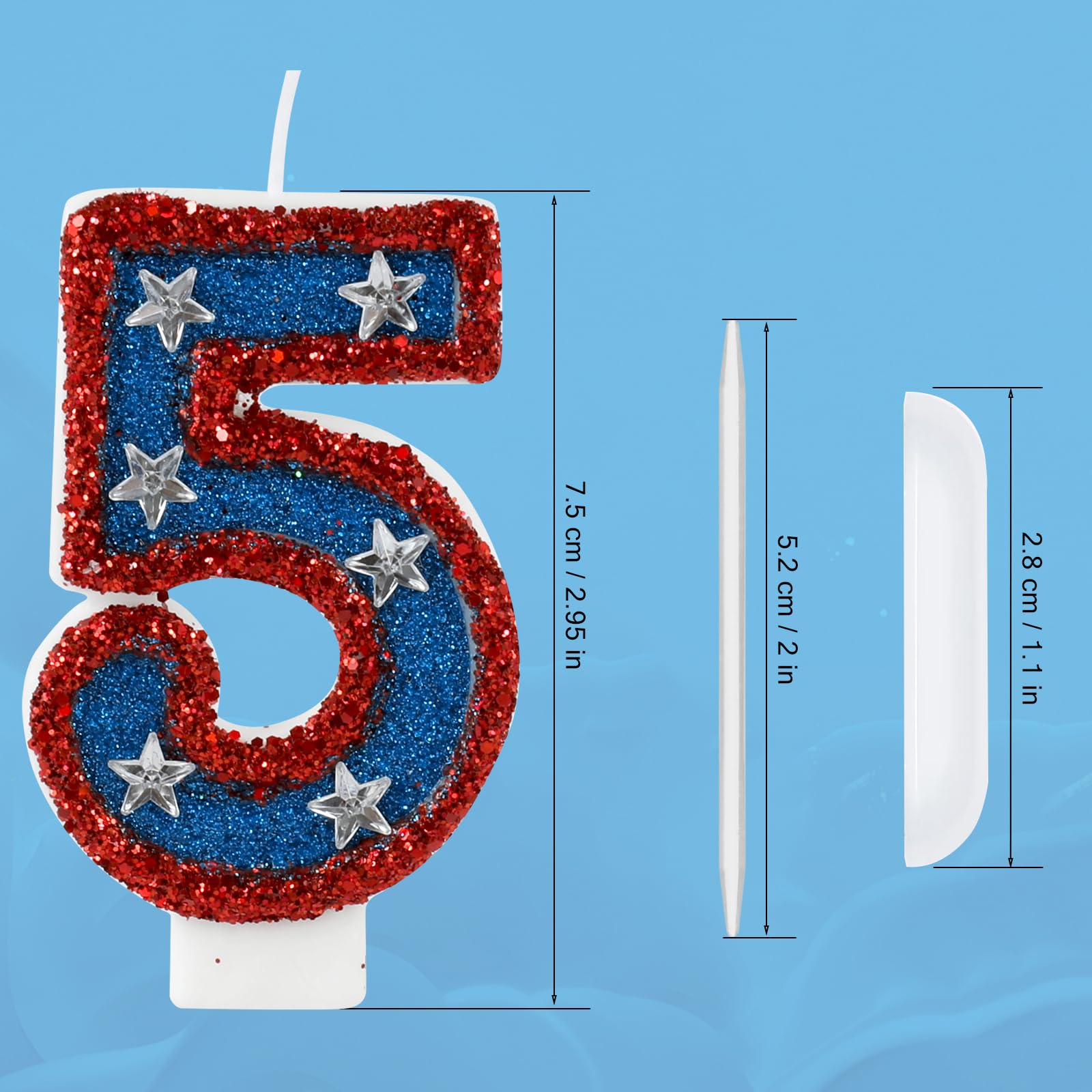 Bougies d'anniversaire en forme de chiffre 5 à paillettes rouges et bleues - Motif drapeau américain - Parfait pour le jour de l'indépendance et les fournitures de fête Captain America (numéro 5)
