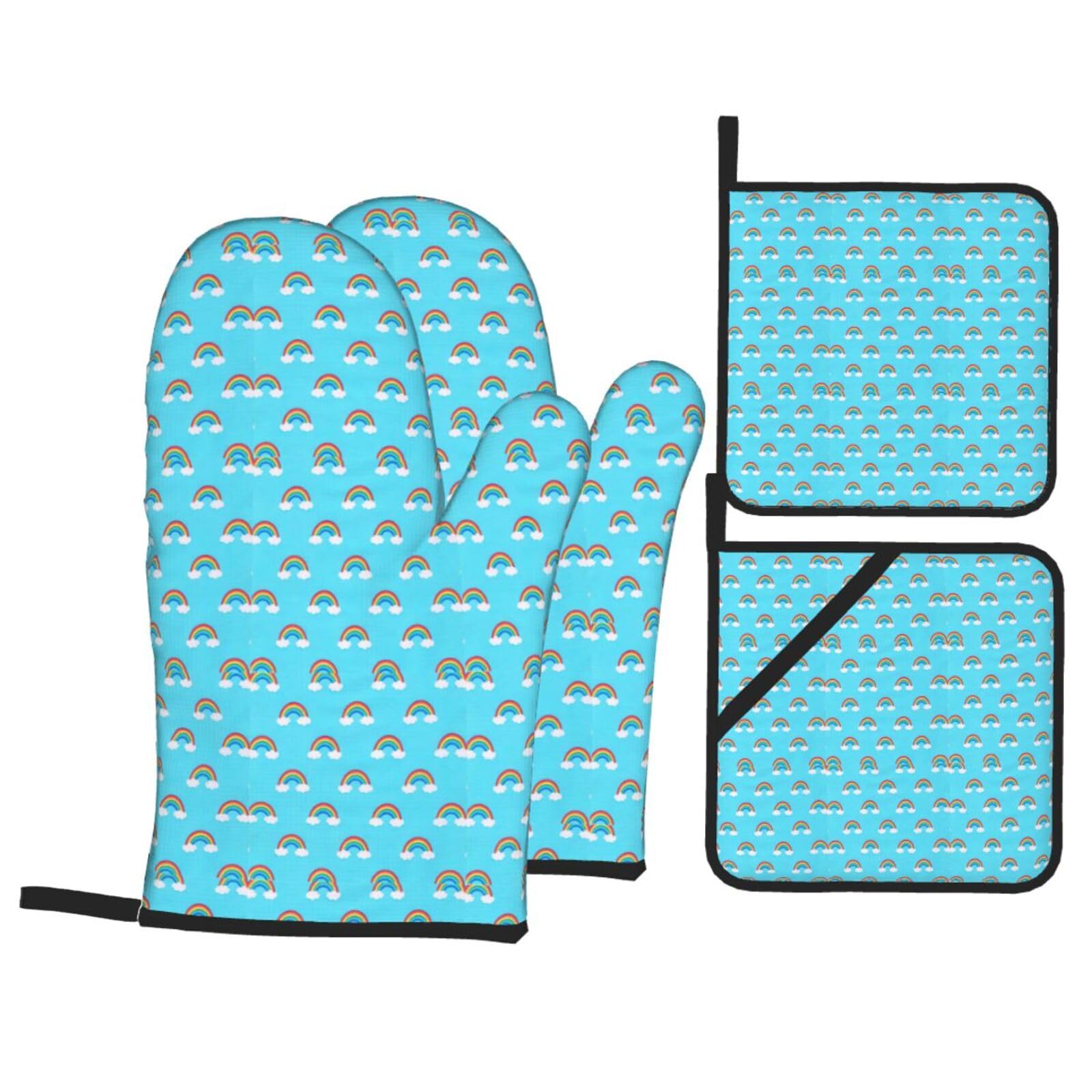 Rainbow Clouds Raindrop Print 4-Piece Heat-Resistant Oven Waterproof Kitchen Gloves Cooking Roasting Essential