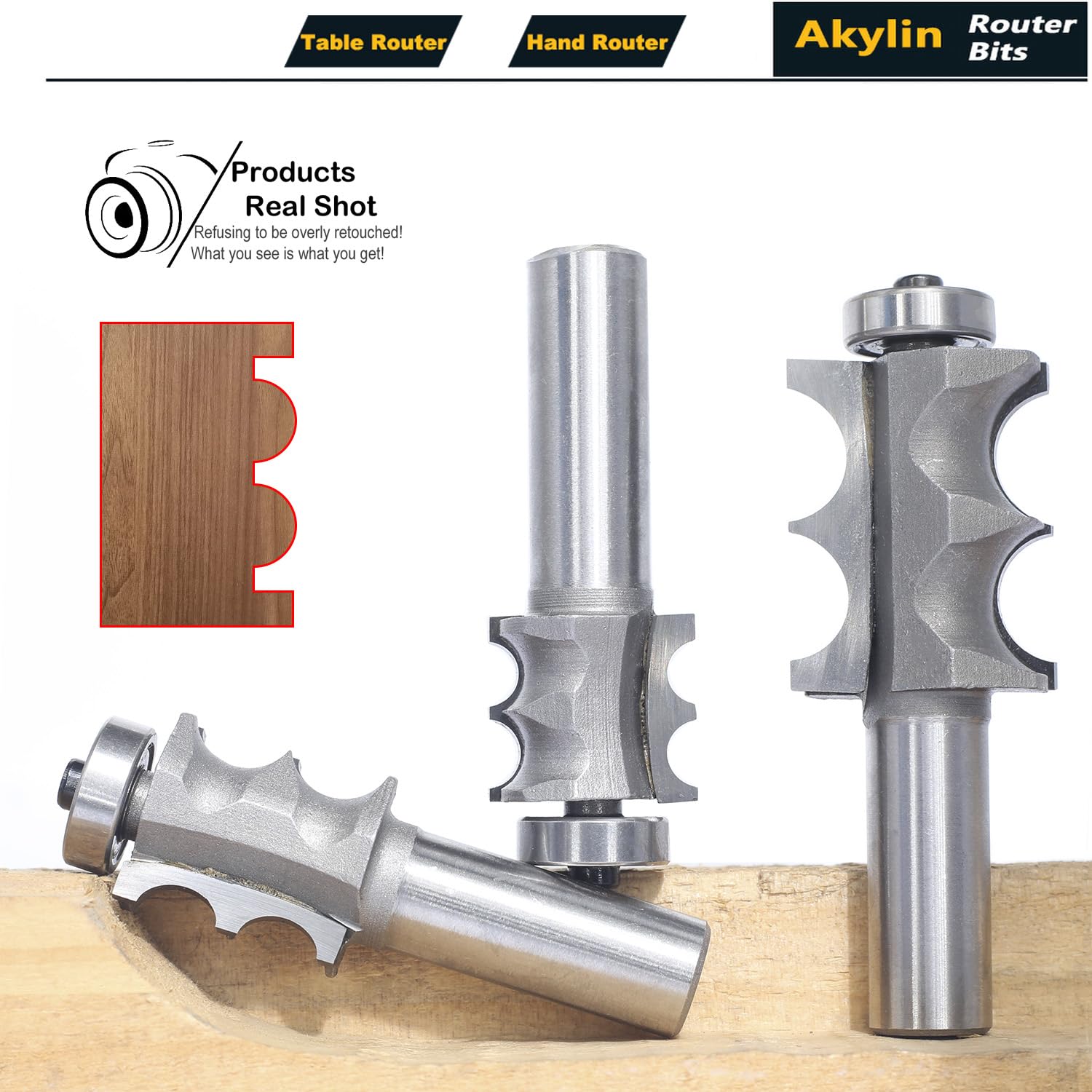 3Pcs Double Beading Router Bits 1/2" Shank,Cutting Height 3/4",7/8",1-3/8" Pair Beads,Dual Bead Columns for Furniture Molding,Perfect Edge Mould Cutter for Shelf with Ball Bearing Guided