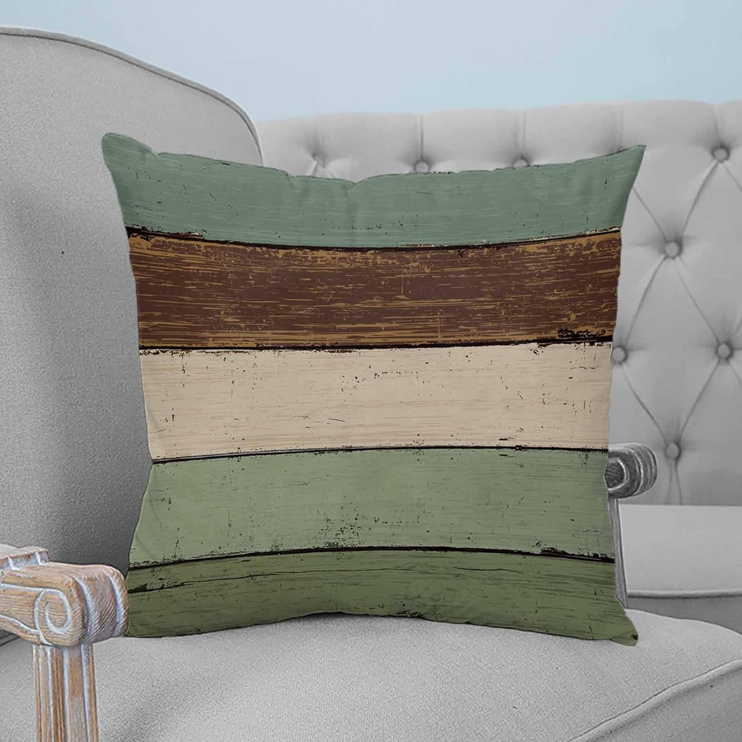 T&H XHome Throw Pillow Covers 16 x 16 Inches Set of 2 Vintage Sage Green Brown Wood Grain Farm Farmhouse Decorations Cushion Cover Zippered Square Pillowcase for Bedroom Living Room Sofa Couch