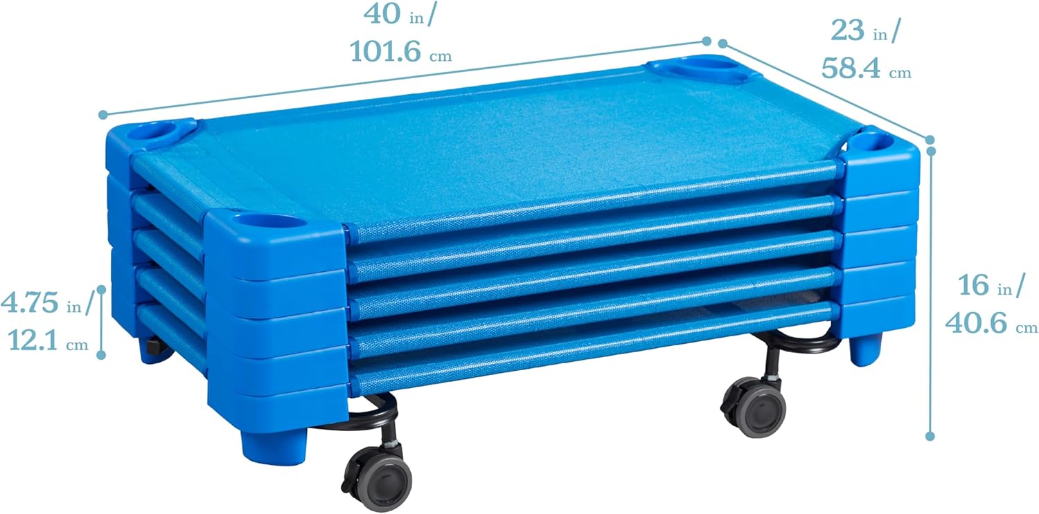 ECR4Kids Stackable Kiddie Cots with Trolley, Assembled, Toddler, Daycare Essentials, Blue, 5-Pack