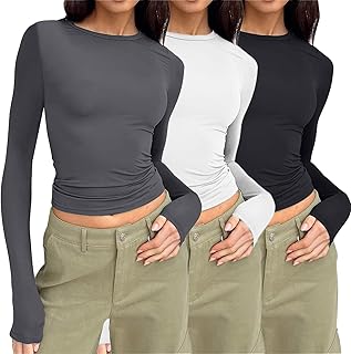 Y2K - Camiseta de manga larga para mujer, 3 unidades, color liso, estilo informal, para mujer, elegante, elástico, 3 unidades, color liso, Y2K