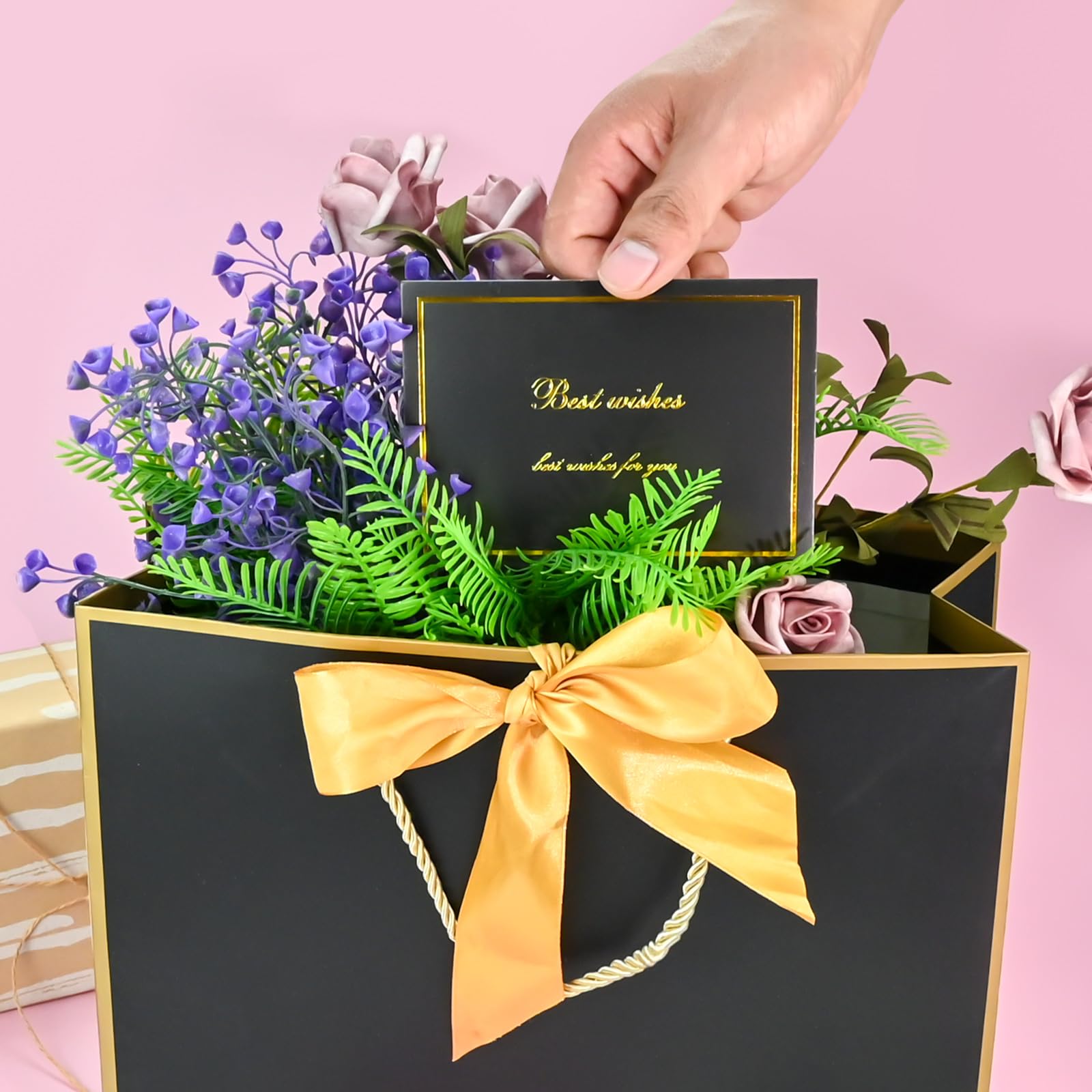 20PCS Black Gift Bags with Handles, 7.5x5.9x2.7Inches Welcome Bag Return Gifts with Handles, Birthday Gift Bags with Ribbon, Greeting Cards for Wedding Baby Shower Bridesmaid Party Gift (Black-Gold)