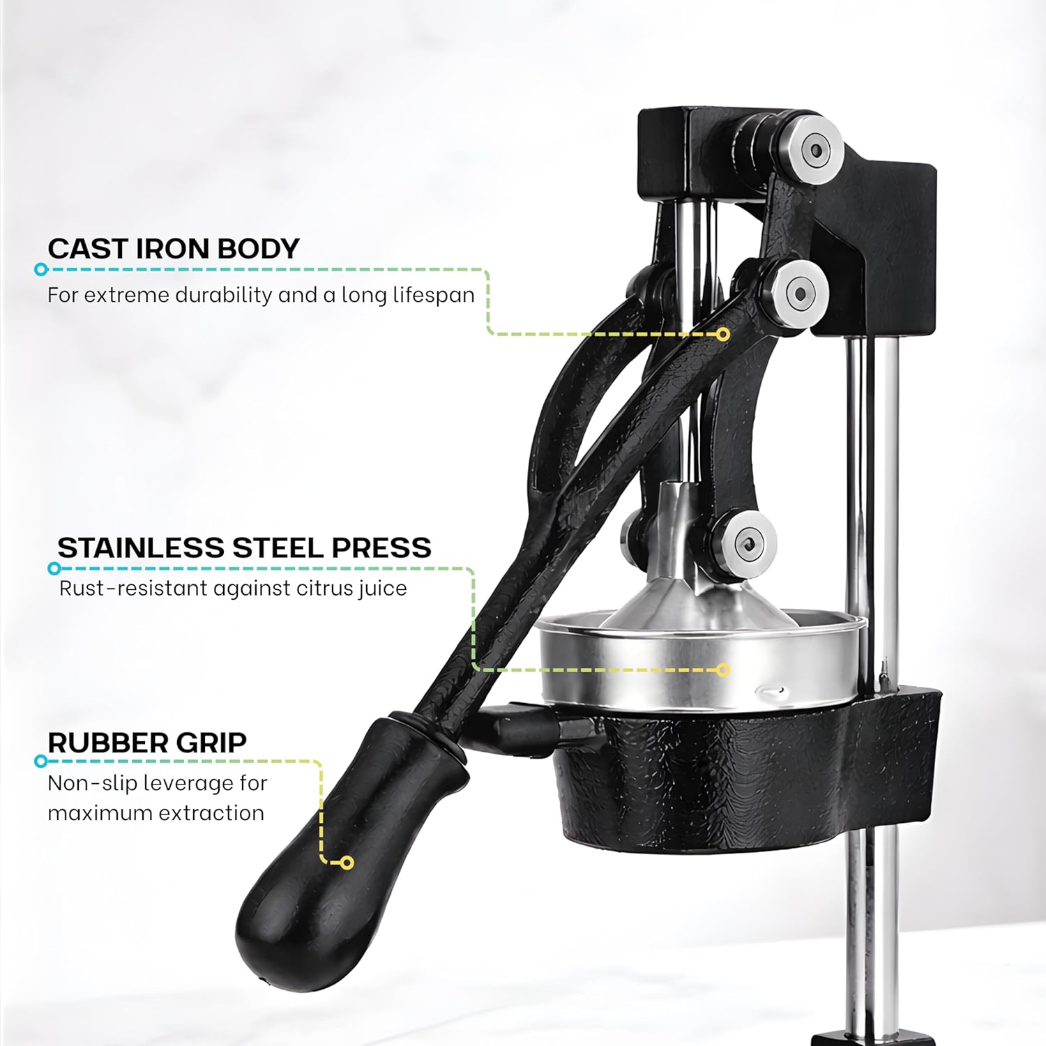 Manual Cast Iron Juicer, Heavy Duty, Easy-to-Clean Professional Citrus Juicer, Stainless Steel Orange Squeezer, Manual Citrus Press & Orange Juicer (Black)