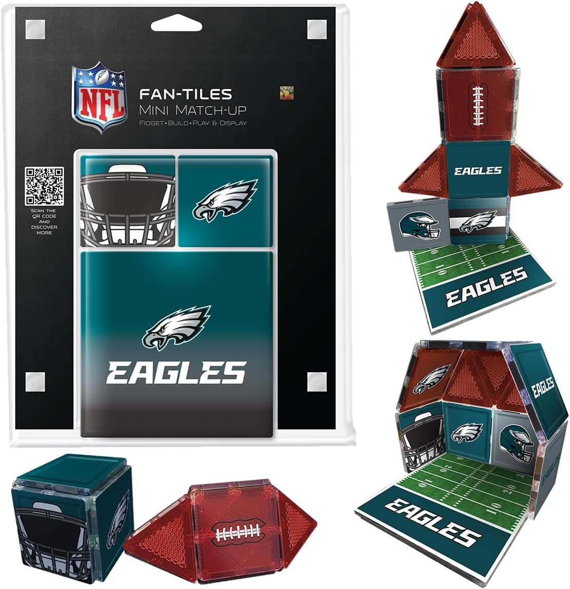 CreateOn Philadelphia Eagles NFL Fan-Tiles Magnetic Match-Up Tiles | 17-Piece Building Set for Kids & Adults | Officially Licensed NFL Team Collectibles | Build, Play & Display (All Teams Available)