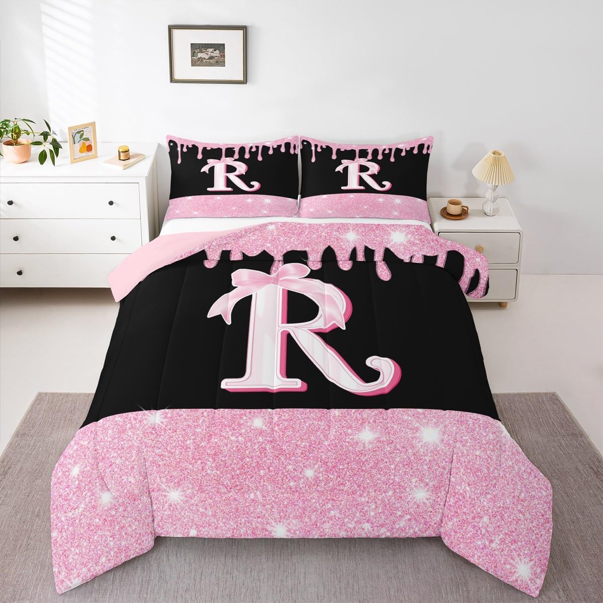 Feelyou Pink Bow Comforter Set Twin Size Initials Decor Bedding Set Gifts for Women Teen Girl Personalized Letter R Duvet Quilt Monogrammed Glitter Diamond Microfiber 2 Pcs with 1 Pillow Cases - Image 3