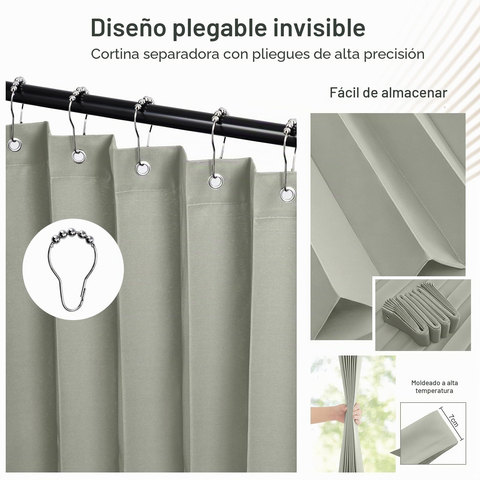 Cortina separadora de ambientes, extraancha, 241 x 254 cm, impermeable, separador de habitaciones, con ganchos, para baño, dormitorio, salón, oficina, protección visual (gris claro)