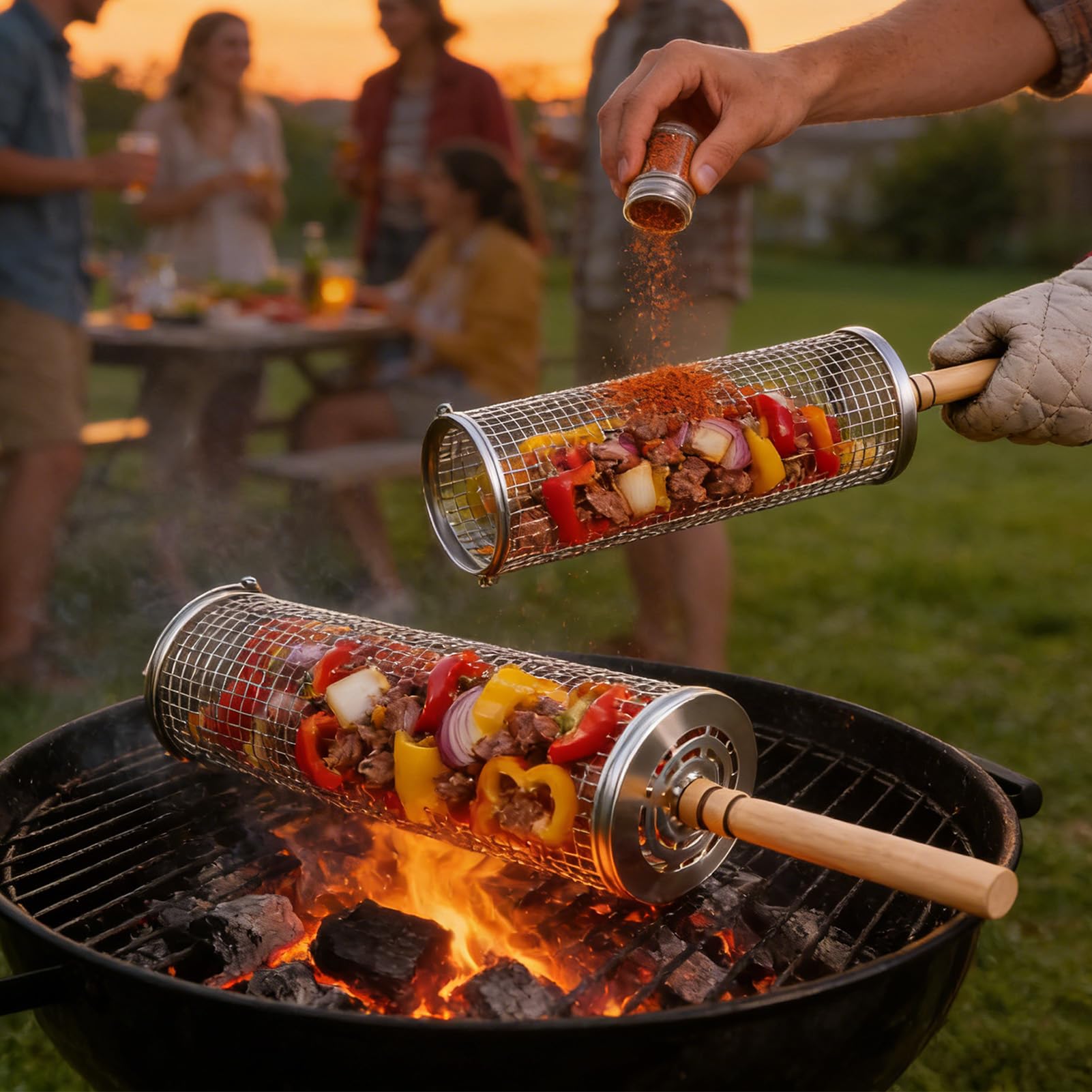 Rollbarer Grillkorb, 304 Edelstahl, abnehmbarer Griff, geeignet für das Kochen von Gemüse und anderen Lebensmitteln im Freien