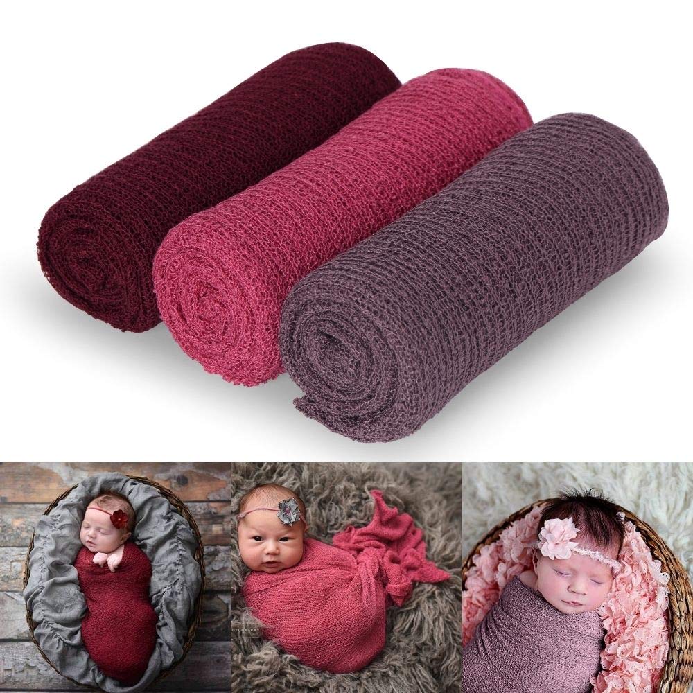 Sunmig Newborn Photography Props, 3 Pcs Baby Stretch Wraps, Professional Baby Photo Props Long Ripple Wrap, for 0-6 Months Baby (Wine+Rose+Lilac)