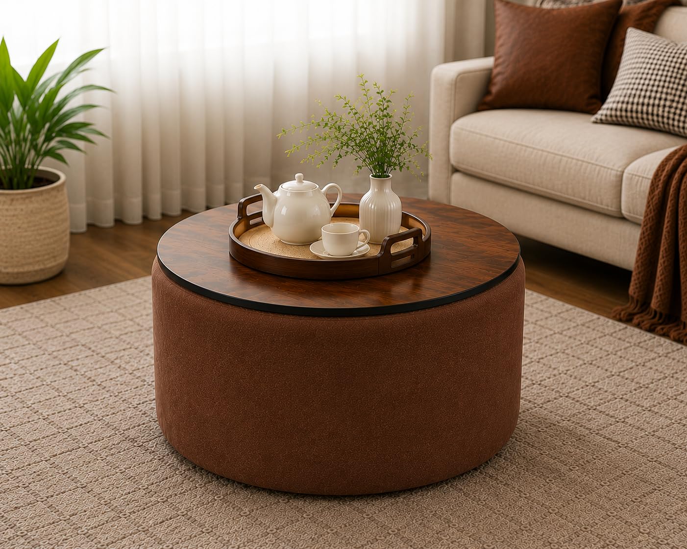 Elegent Round Coffee Table with Wooden Top, Storage Ottoman Tables for Living Room, Centre Tables, Tea Tables, Farmhouse, Wood Drum Coffee Table (Brown)-image-48