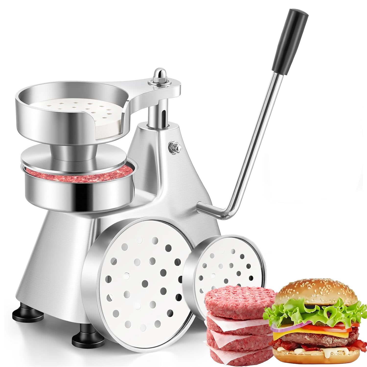 CTJ Commercial 3-in-1 Burger Patty Maker, 4/5/6 Inch Stainless Steel Heavy Duty Hamburger Press Meat Patty Maker Hamburger Forming Processor & 1200 Pcs Patty Papers for Restaurant & Home Use